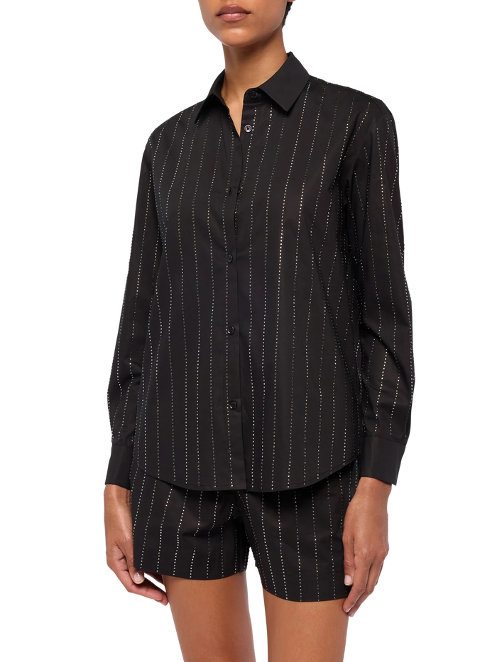Meredith Cotton Popeline Classic Shirt With Striped Rhinestone Embellishment Black