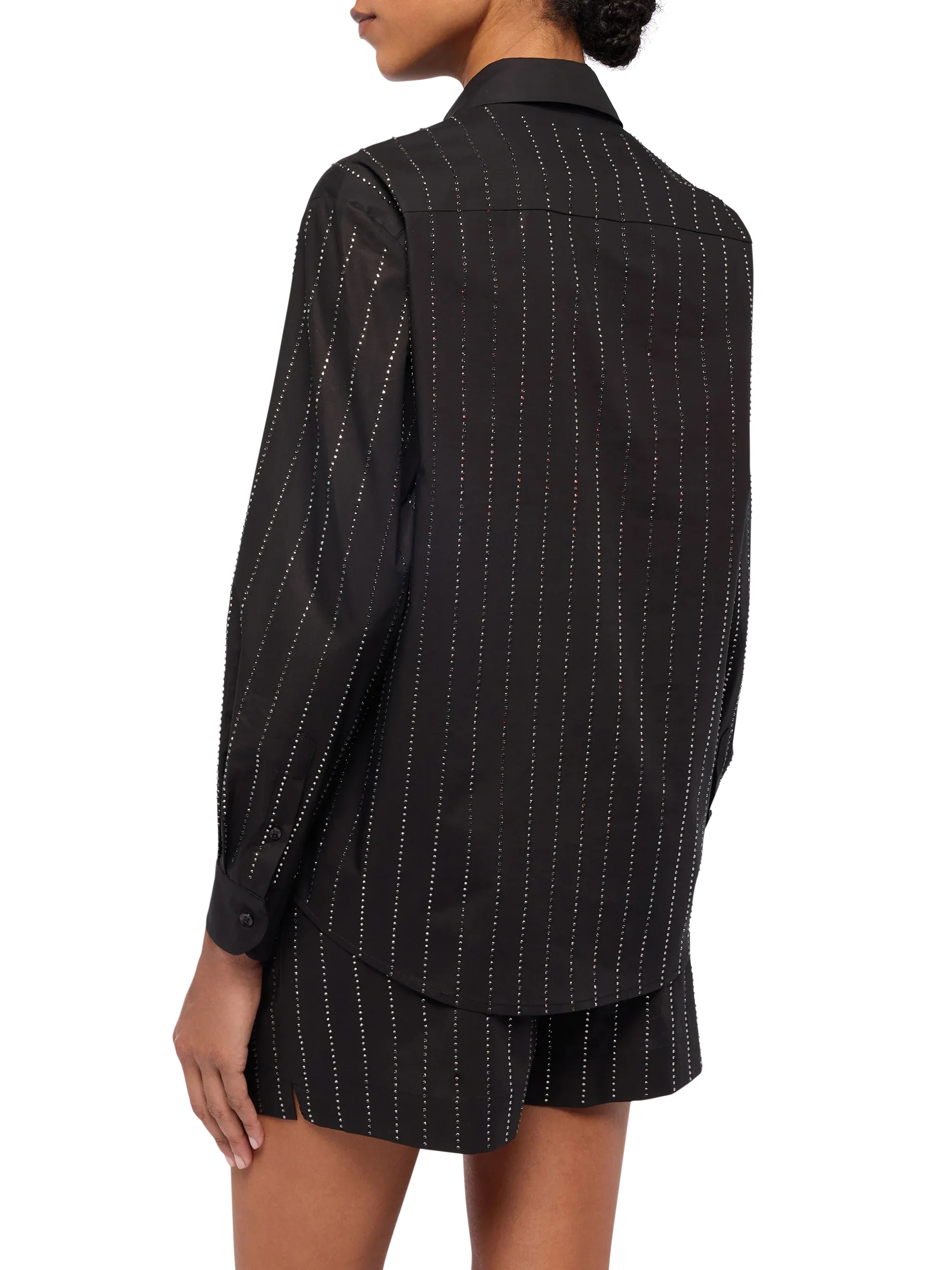 Meredith Cotton Popeline Classic Shirt With Striped Rhinestone Embellishment Black
