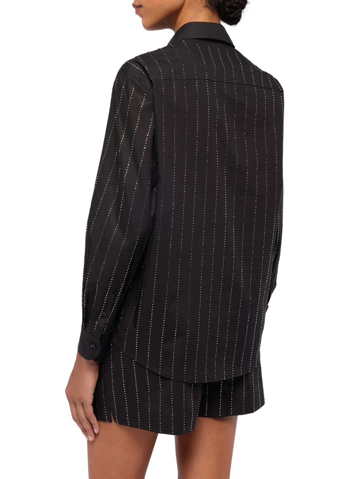 Meredith Cotton Popeline Classic Shirt With Striped Rhinestone Embellishment Black
