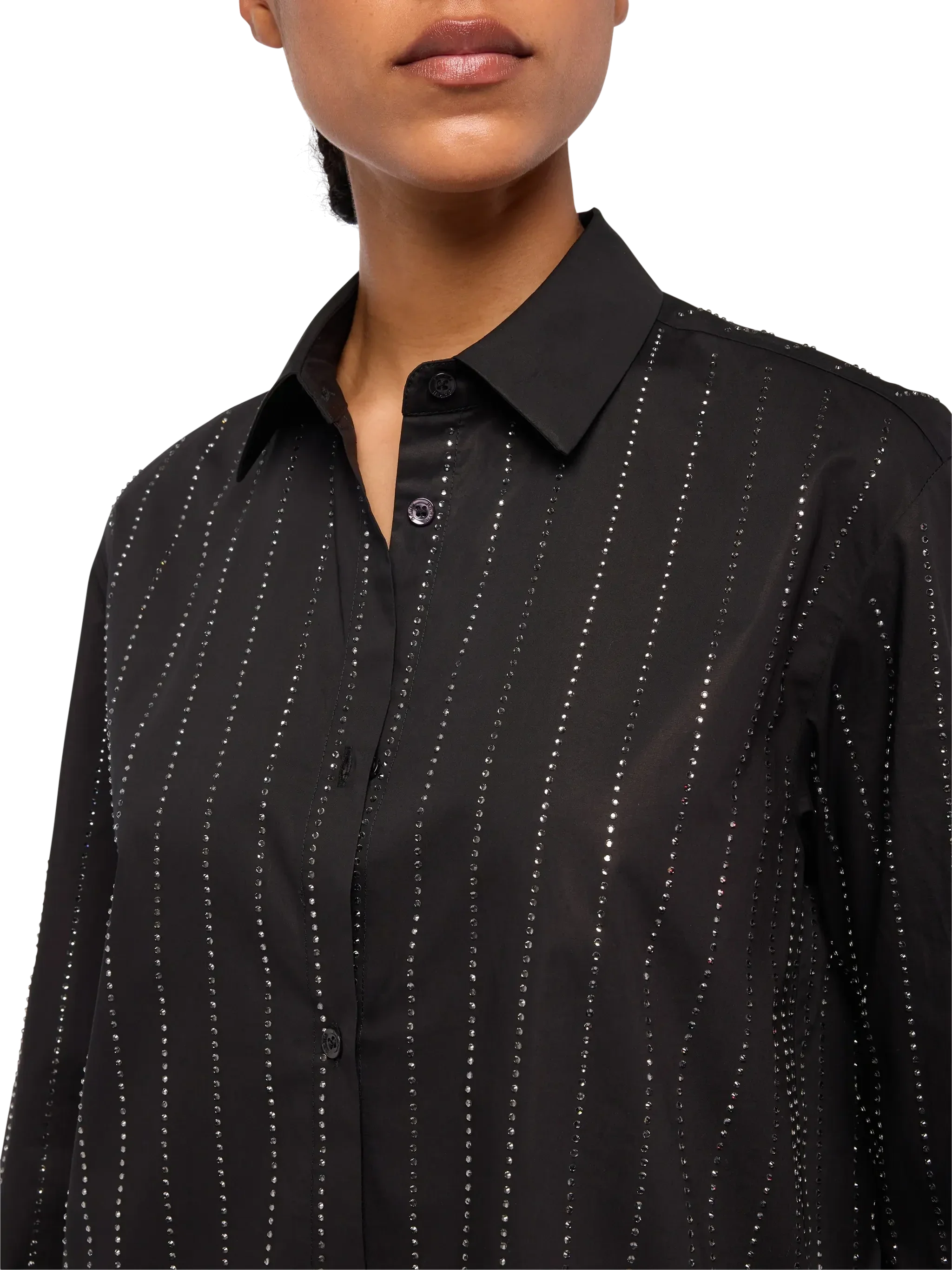 Meredith Cotton Popeline Classic Shirt With Striped Rhinestone Embellishment Black