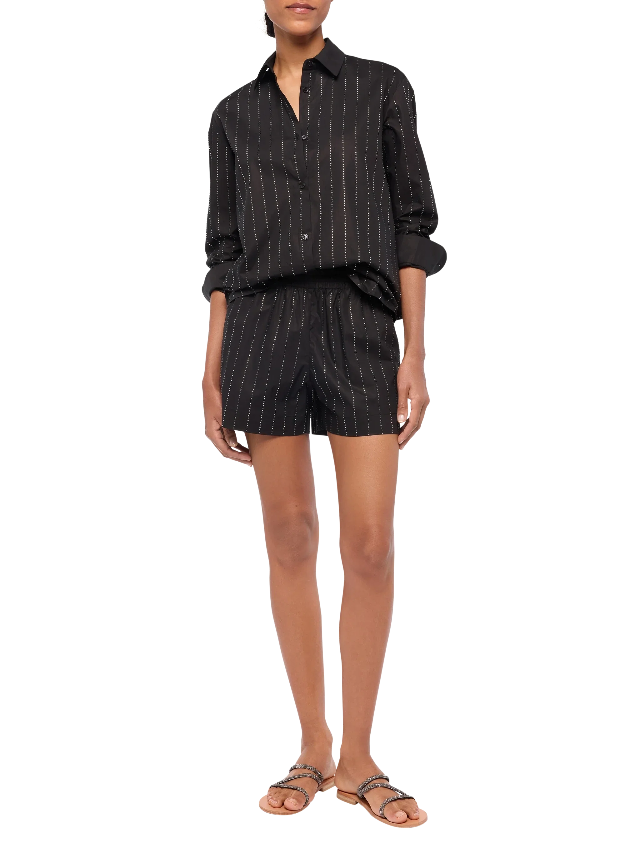 Meredith Cotton Popeline Classic Shirt With Striped Rhinestone Embellishment Black