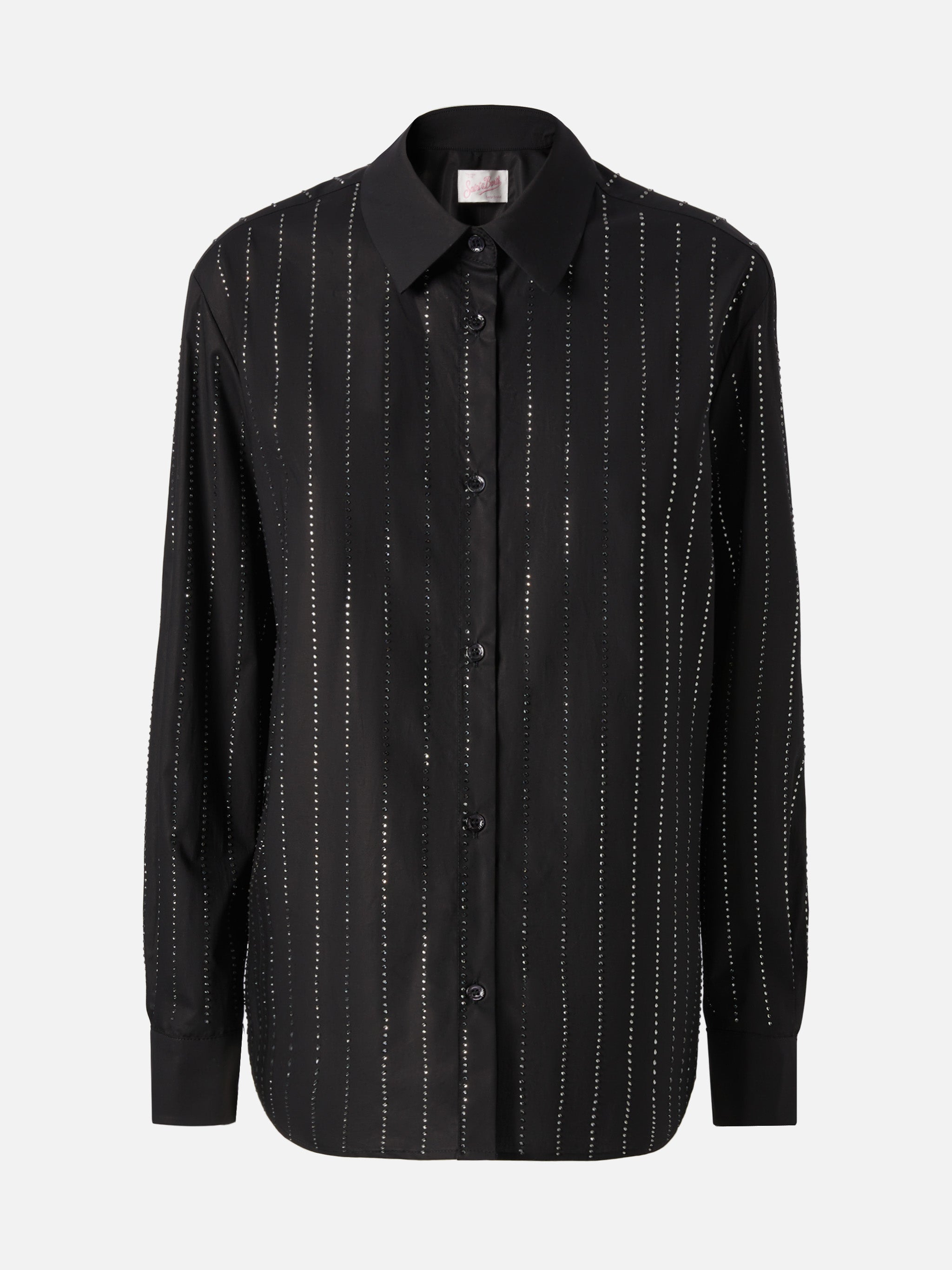 Meredith Cotton Popeline Classic Shirt With Striped Rhinestone Embellishment Black