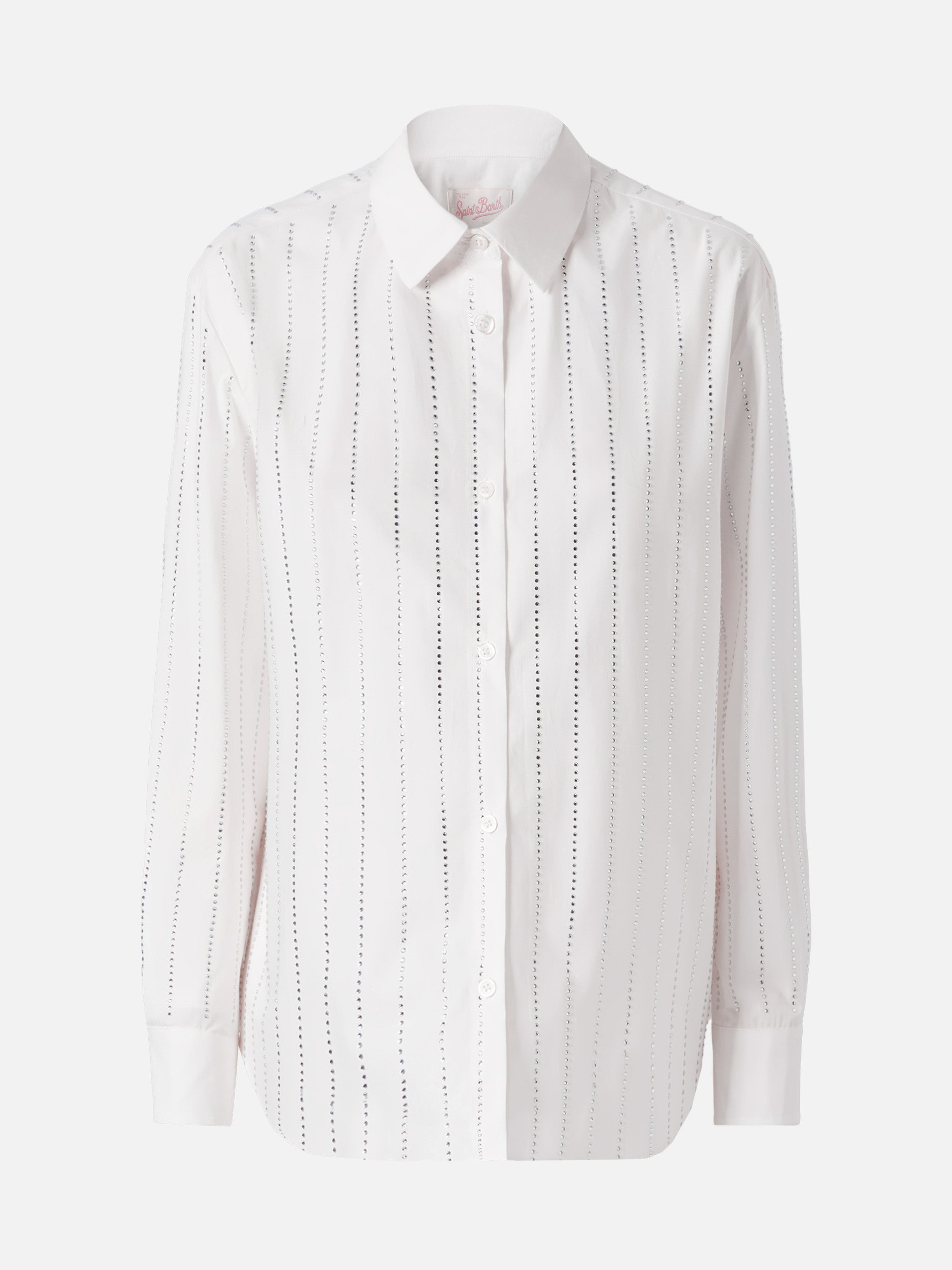 Meredith Cotton Popeline Classic Shirt With Striped Rhinestone Embellishment White