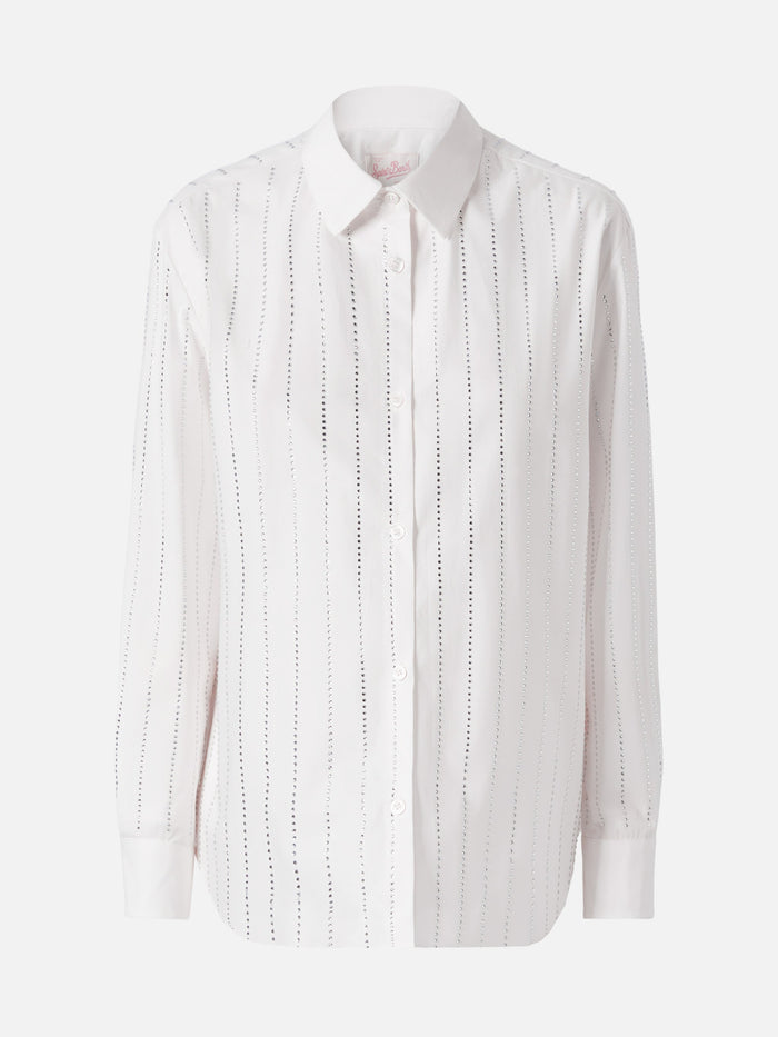 Meredith Cotton Popeline Classic Shirt With Striped Rhinestone Embellishment White