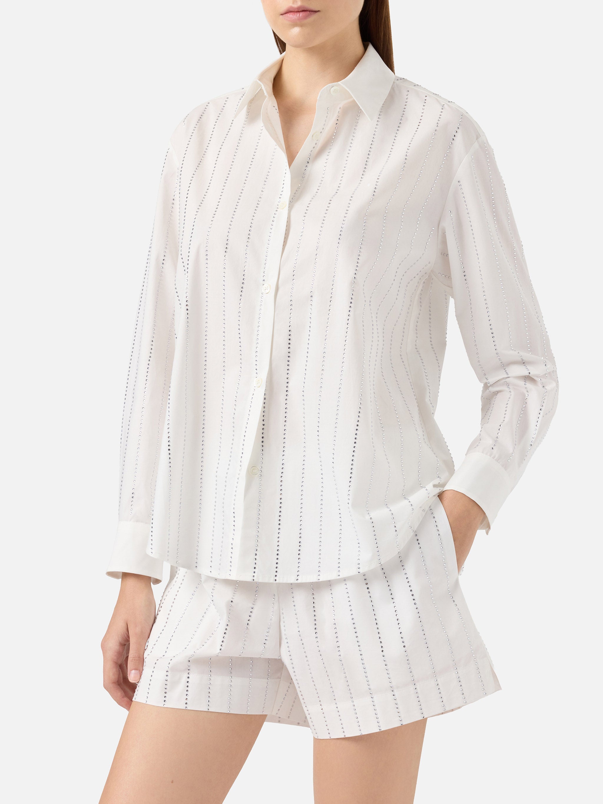 Meredith Cotton Popeline Classic Shirt With Striped Rhinestone Embellishment White