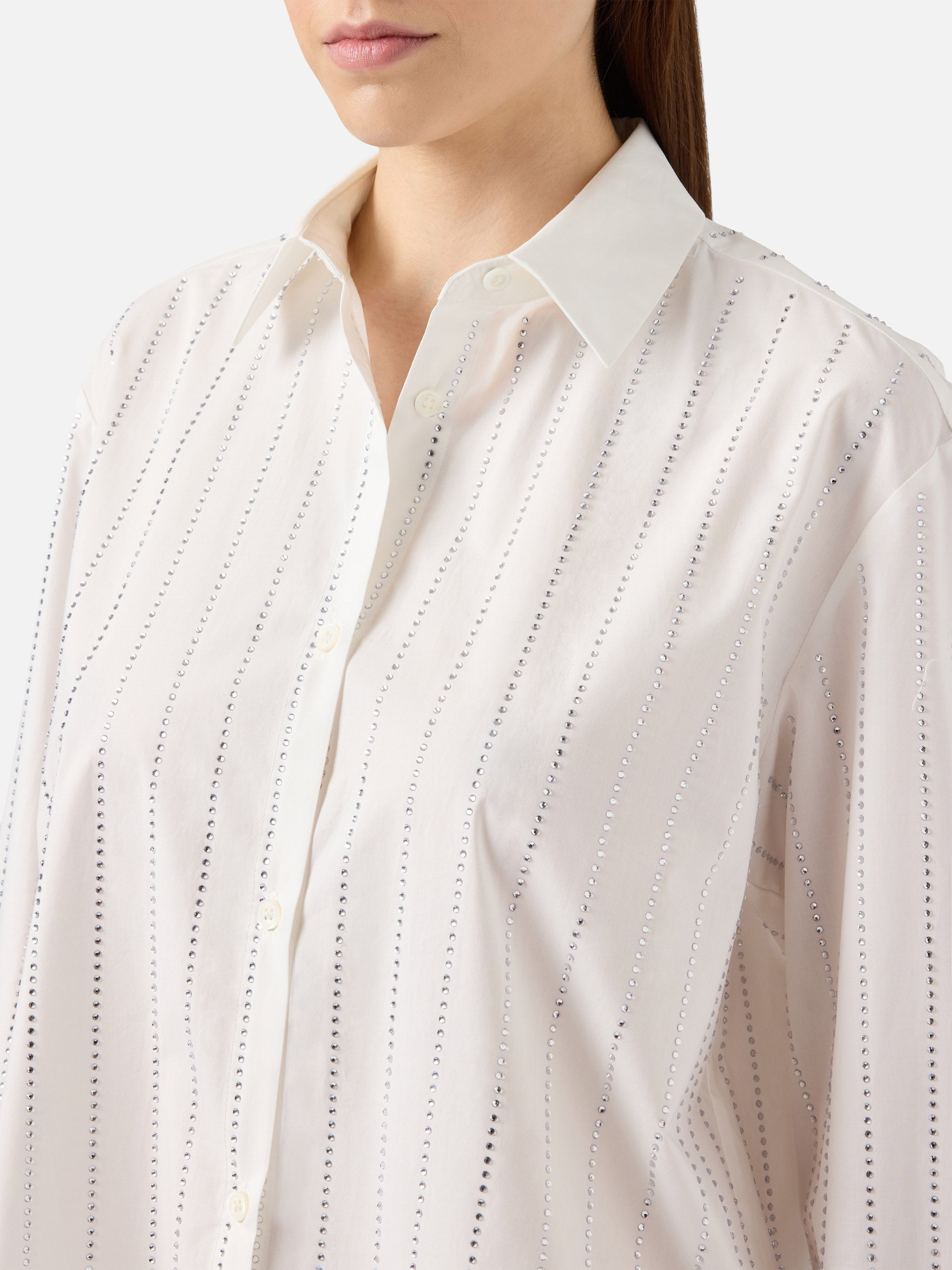 Meredith Cotton Popeline Classic Shirt With Striped Rhinestone Embellishment White