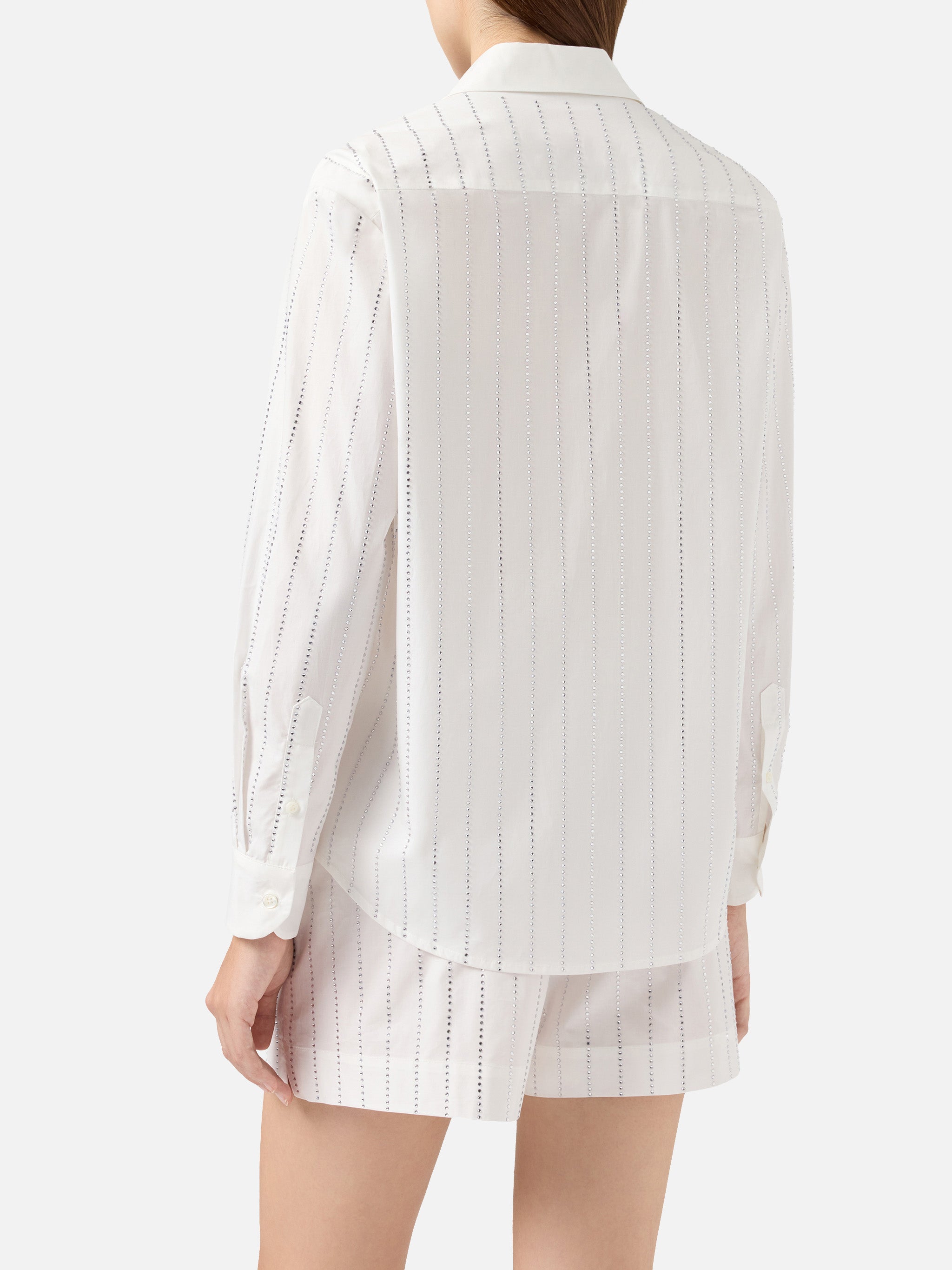 Meredith Cotton Popeline Classic Shirt With Striped Rhinestone Embellishment White