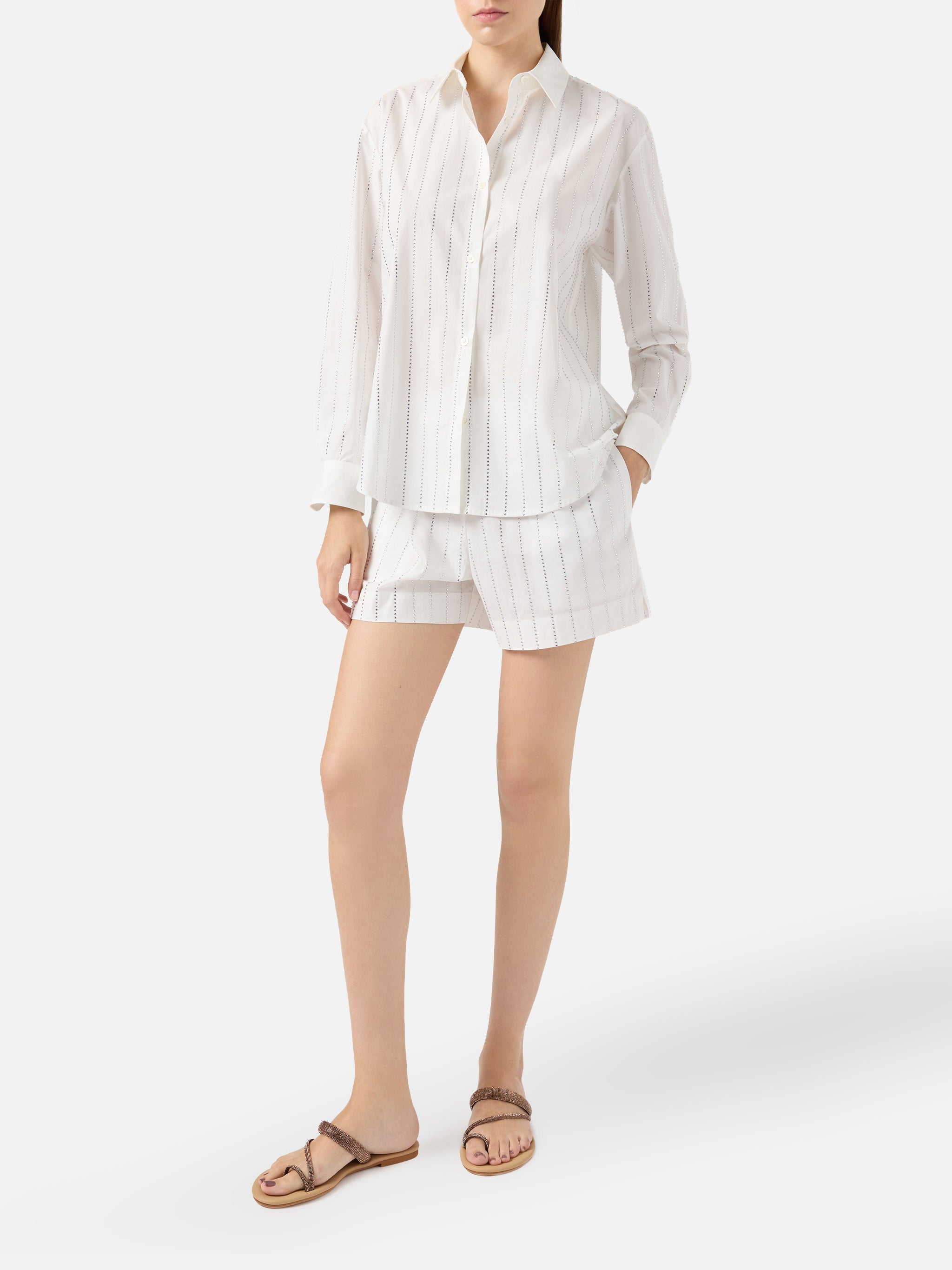 Meredith Cotton Popeline Classic Shirt With Striped Rhinestone Embellishment White
