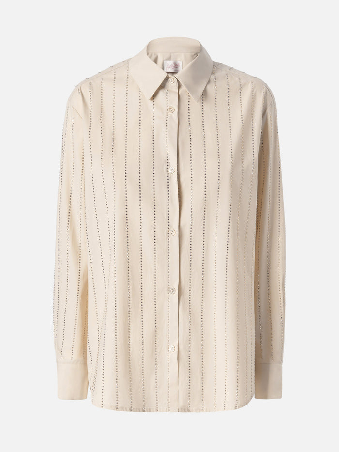 Meredith Cotton Popeline Classic Shirt With Striped Rhinestone Embellishment White