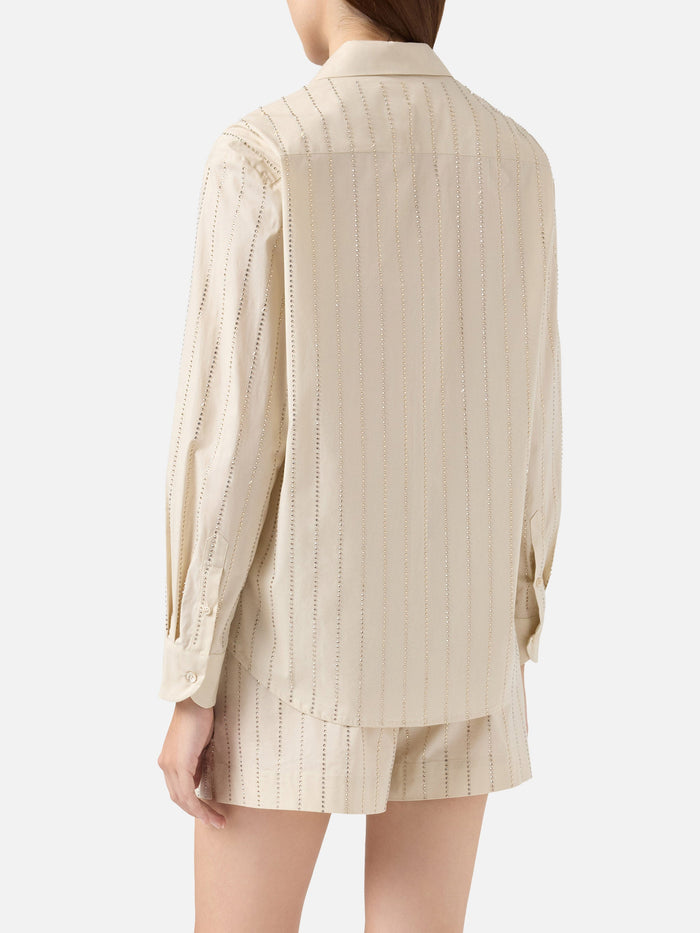 Meredith Cotton Popeline Classic Shirt With Striped Rhinestone Embellishment White