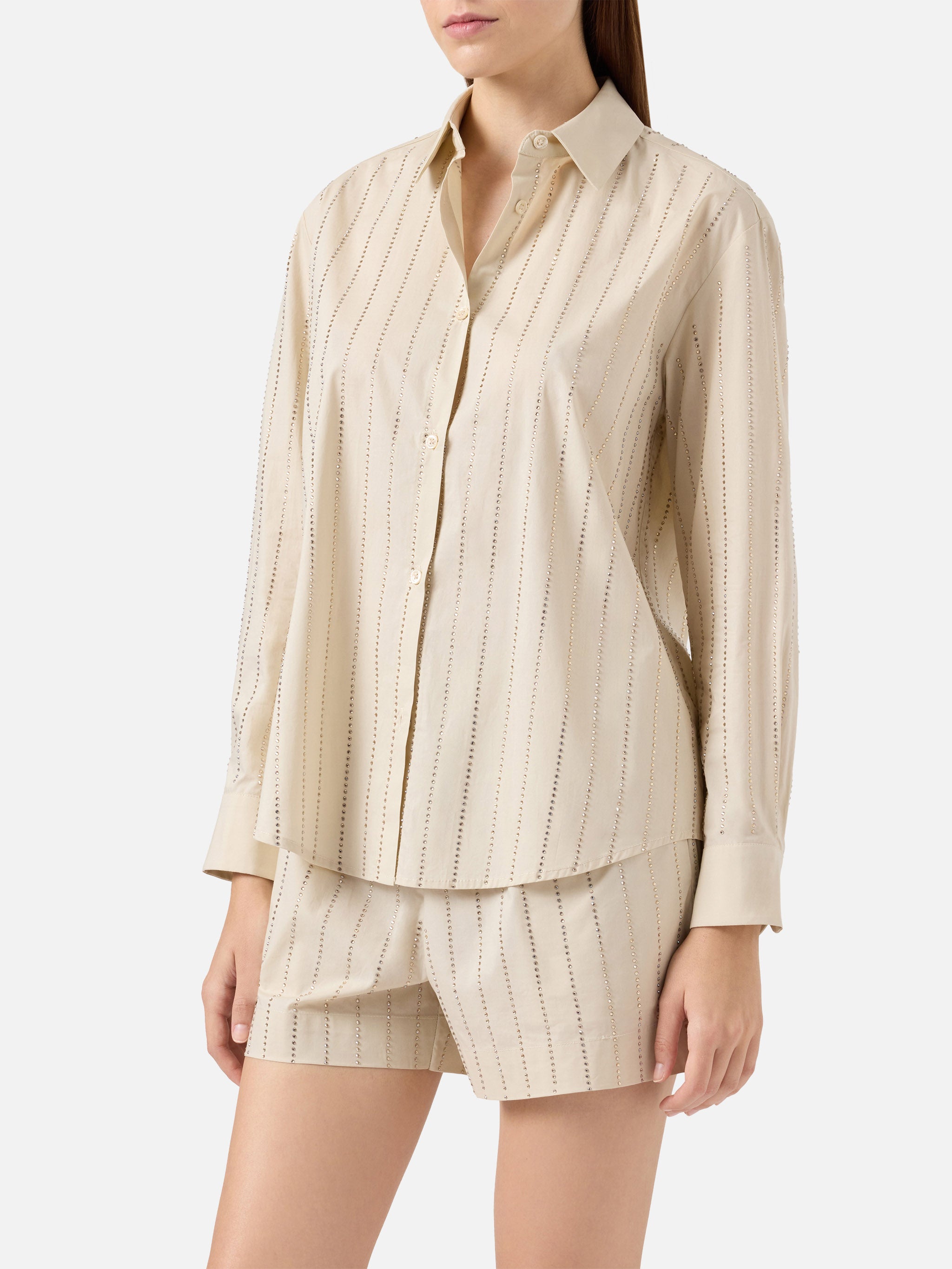 Meredith Cotton Popeline Classic Shirt With Striped Rhinestone Embellishment White