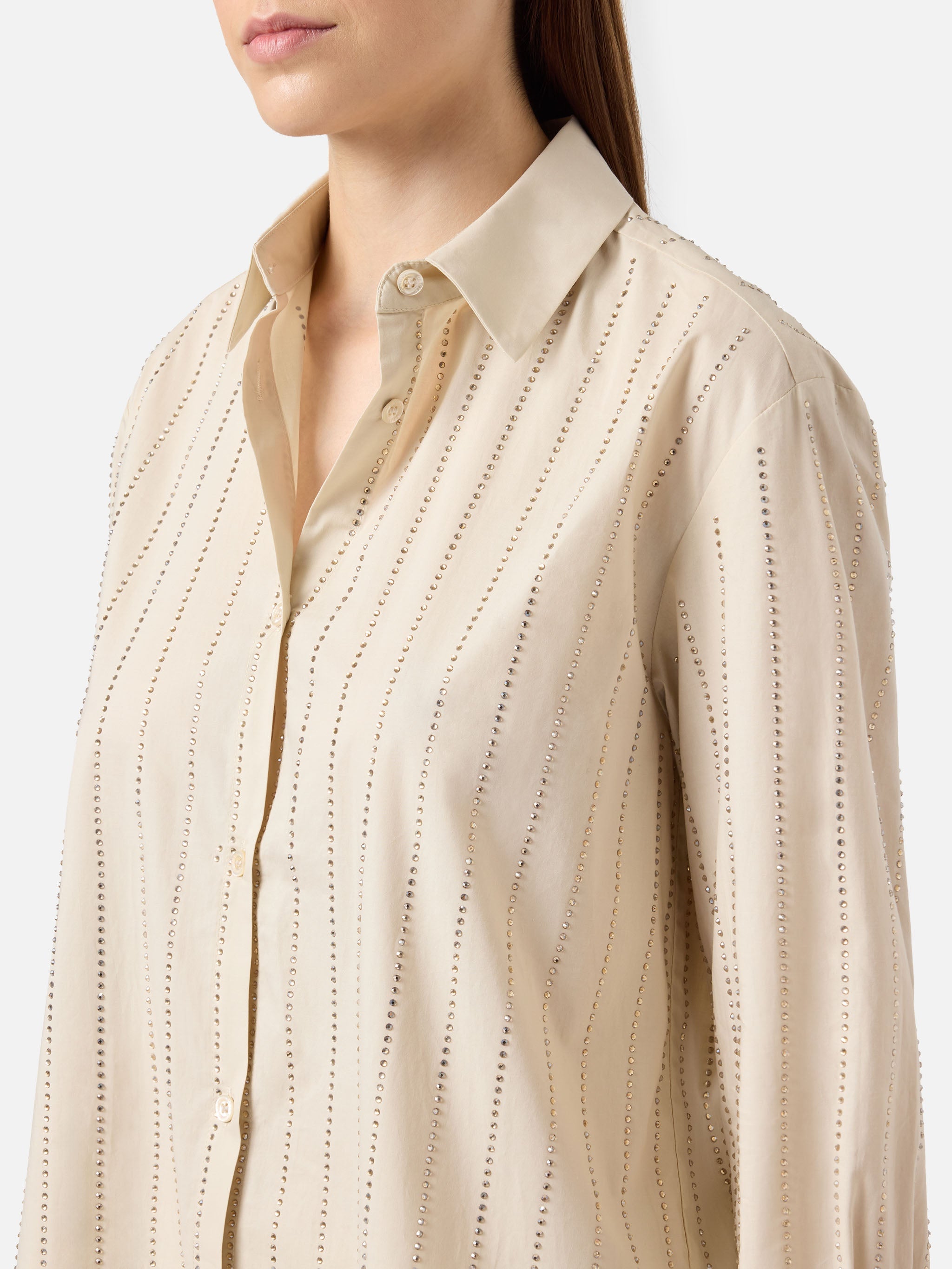 Meredith Cotton Popeline Classic Shirt With Striped Rhinestone Embellishment White