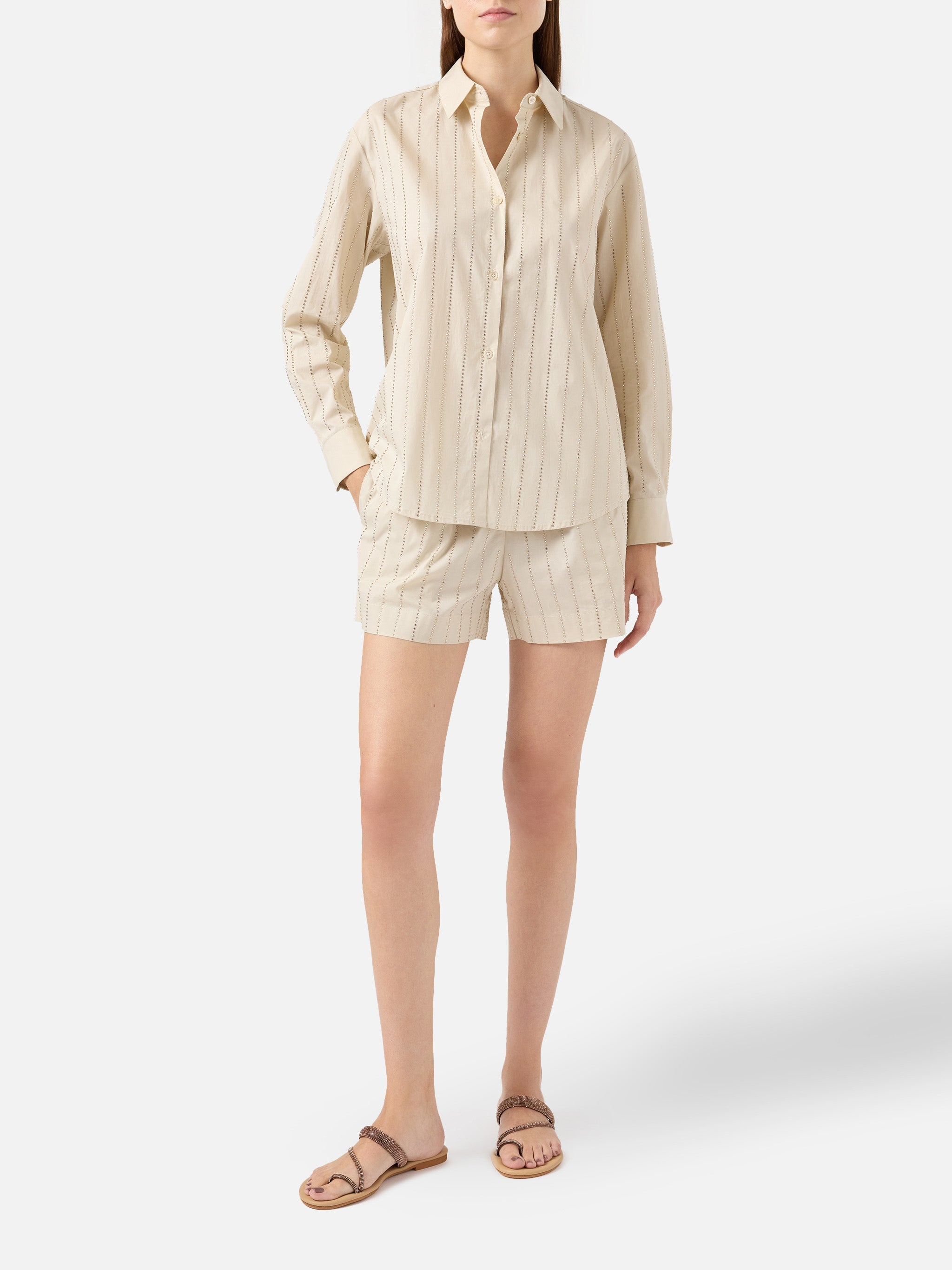 Meredith Cotton Popeline Classic Shirt With Striped Rhinestone Embellishment White