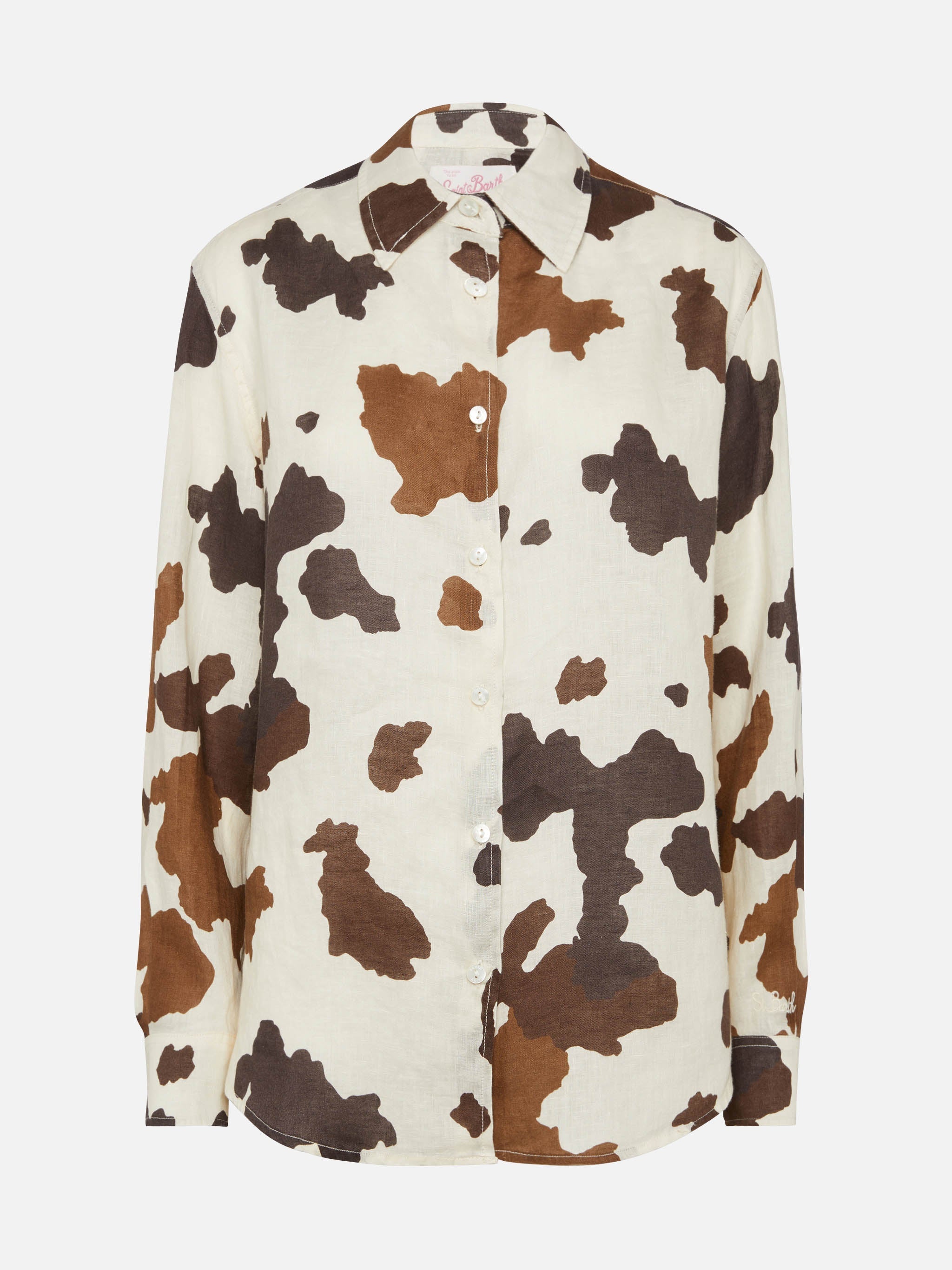 Meredith Linen Classic Shirt With Cow Skin Print White