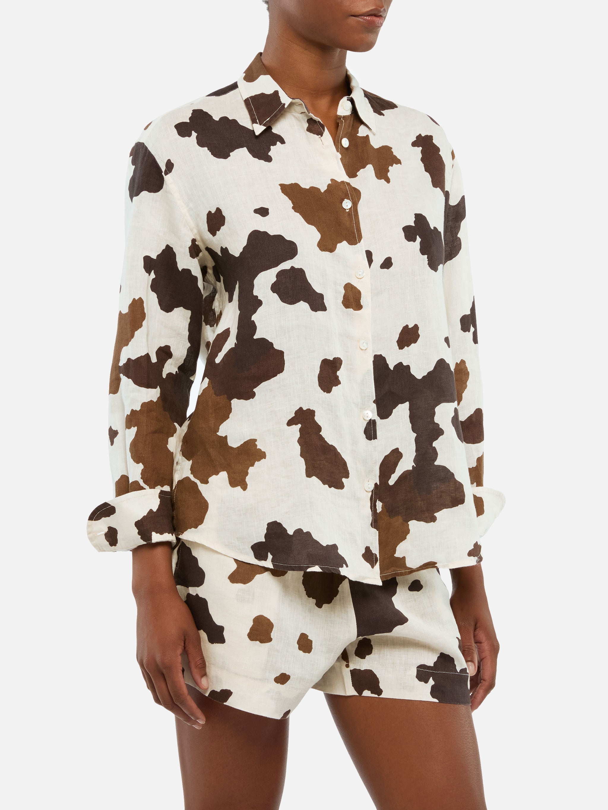 Meredith Linen Classic Shirt With Cow Skin Print White