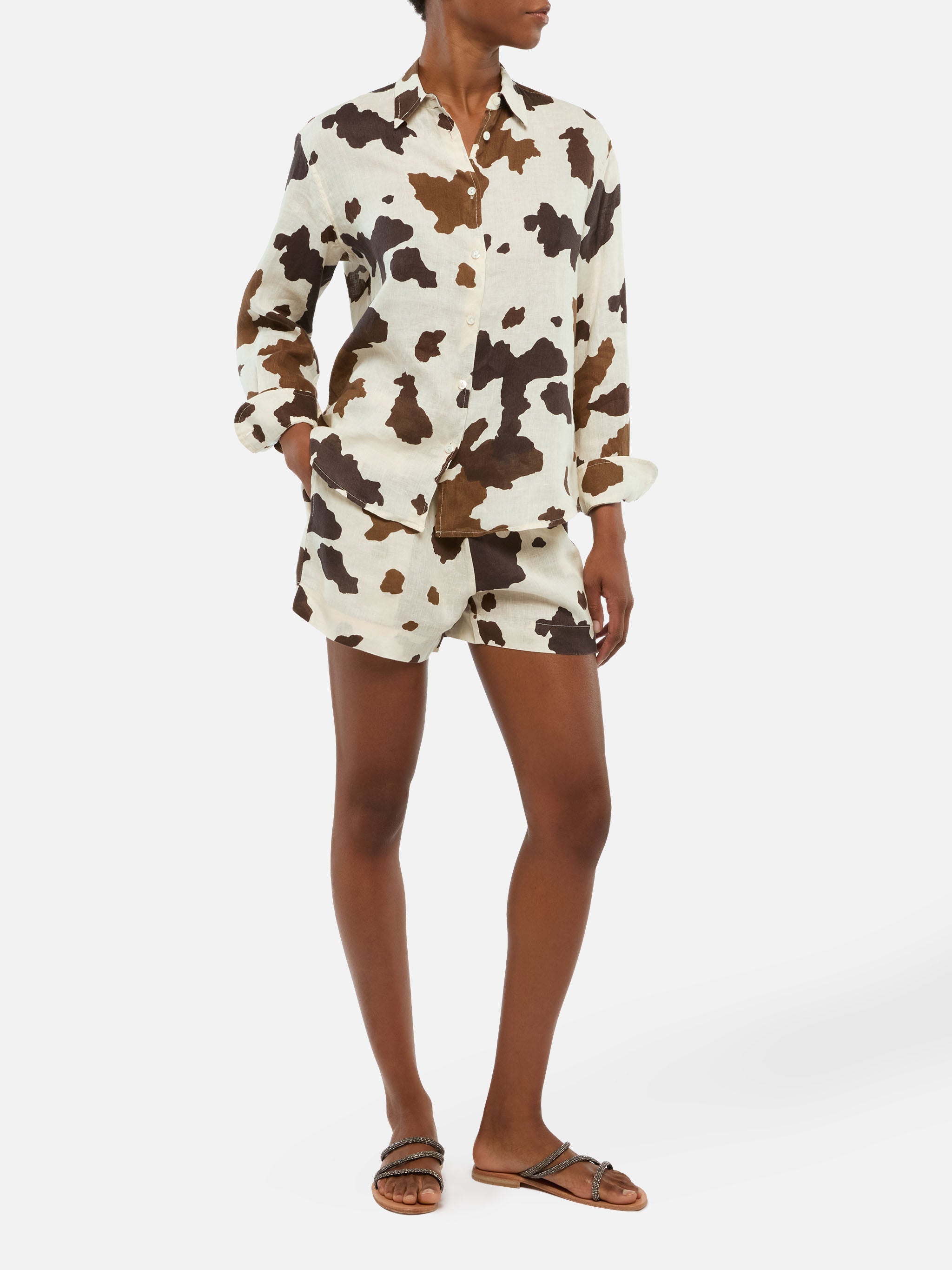 Meredith Linen Classic Shirt With Cow Skin Print White