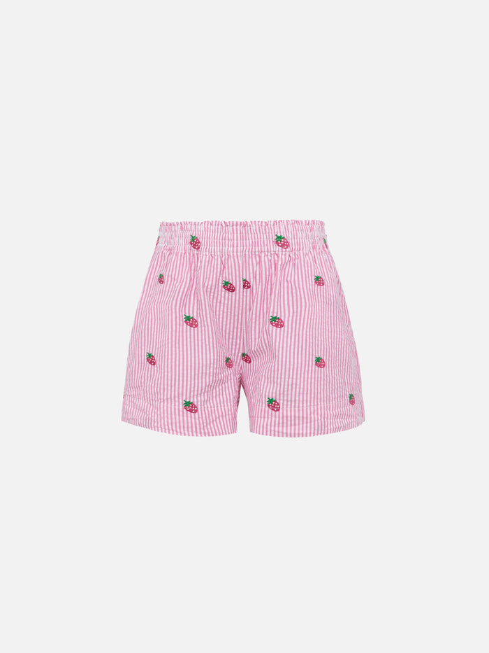 Meave Jr Cotton Seersucker Pull-Up Shorts With Srtrawberry Embroidery Pink Pant