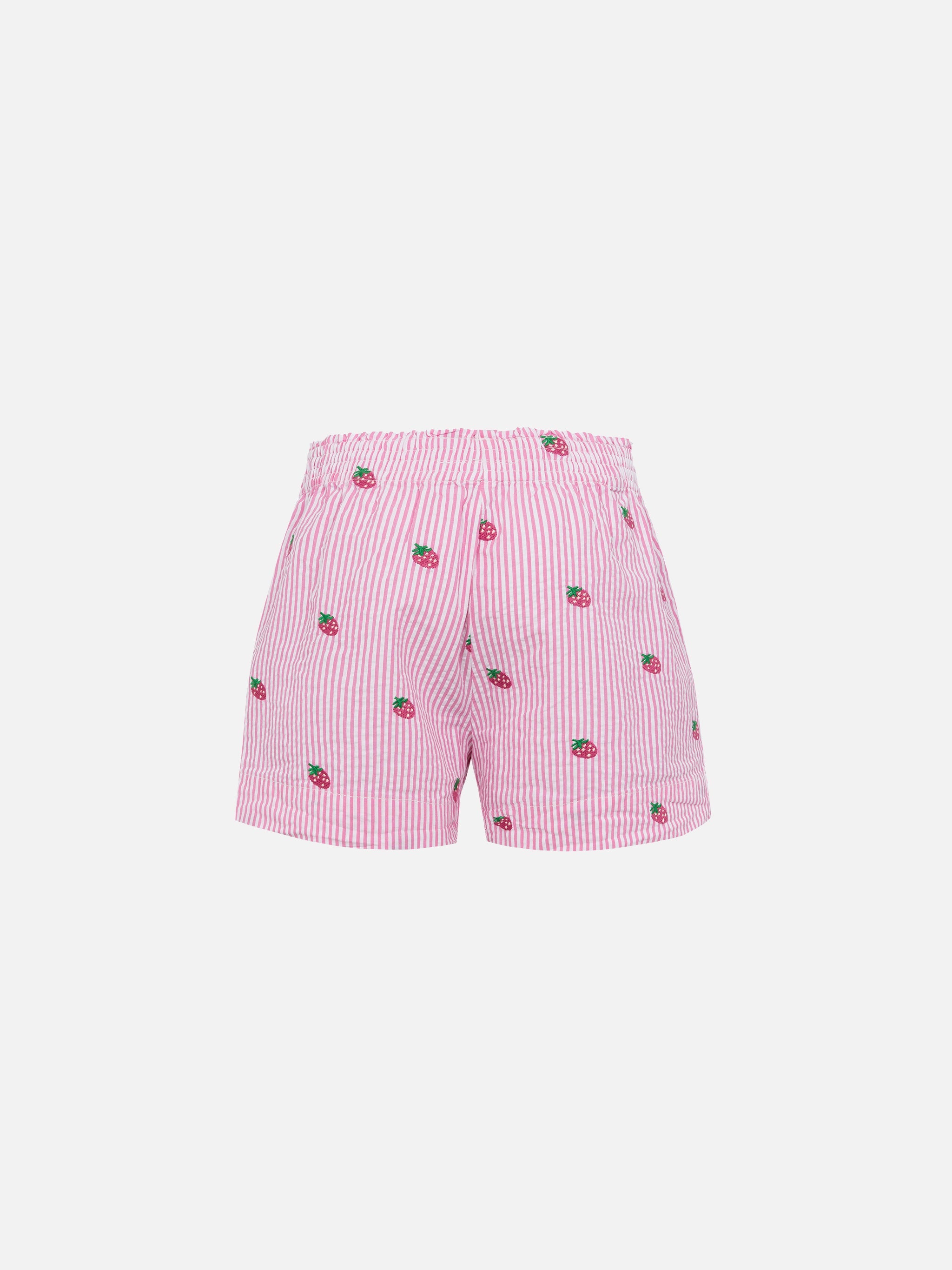 Meave Jr Cotton Seersucker Pull-Up Shorts With Srtrawberry Embroidery Pink Pant