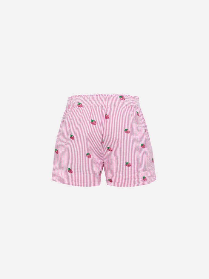 Meave Jr Cotton Seersucker Pull-Up Shorts With Srtrawberry Embroidery Pink Pant