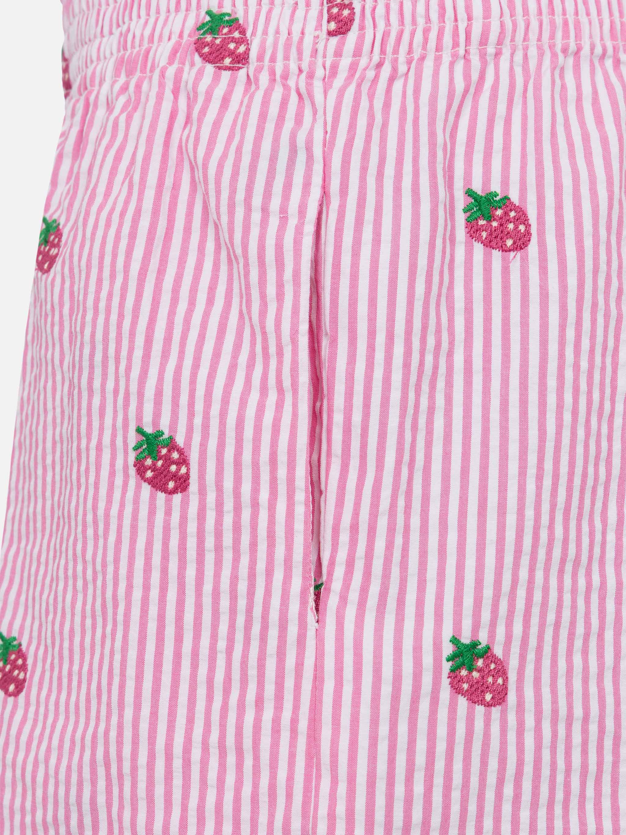 Meave Jr Cotton Seersucker Pull-Up Shorts With Srtrawberry Embroidery Pink Pant