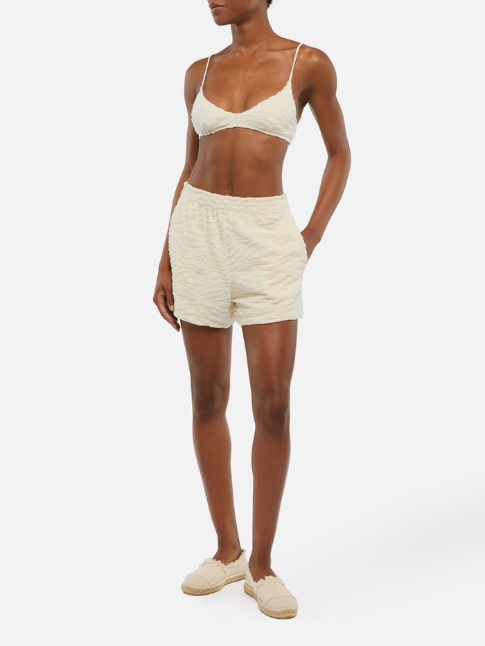 Meave Terry Cotton Pull Up Shorts With Zebra Embossed Pattern White Pant