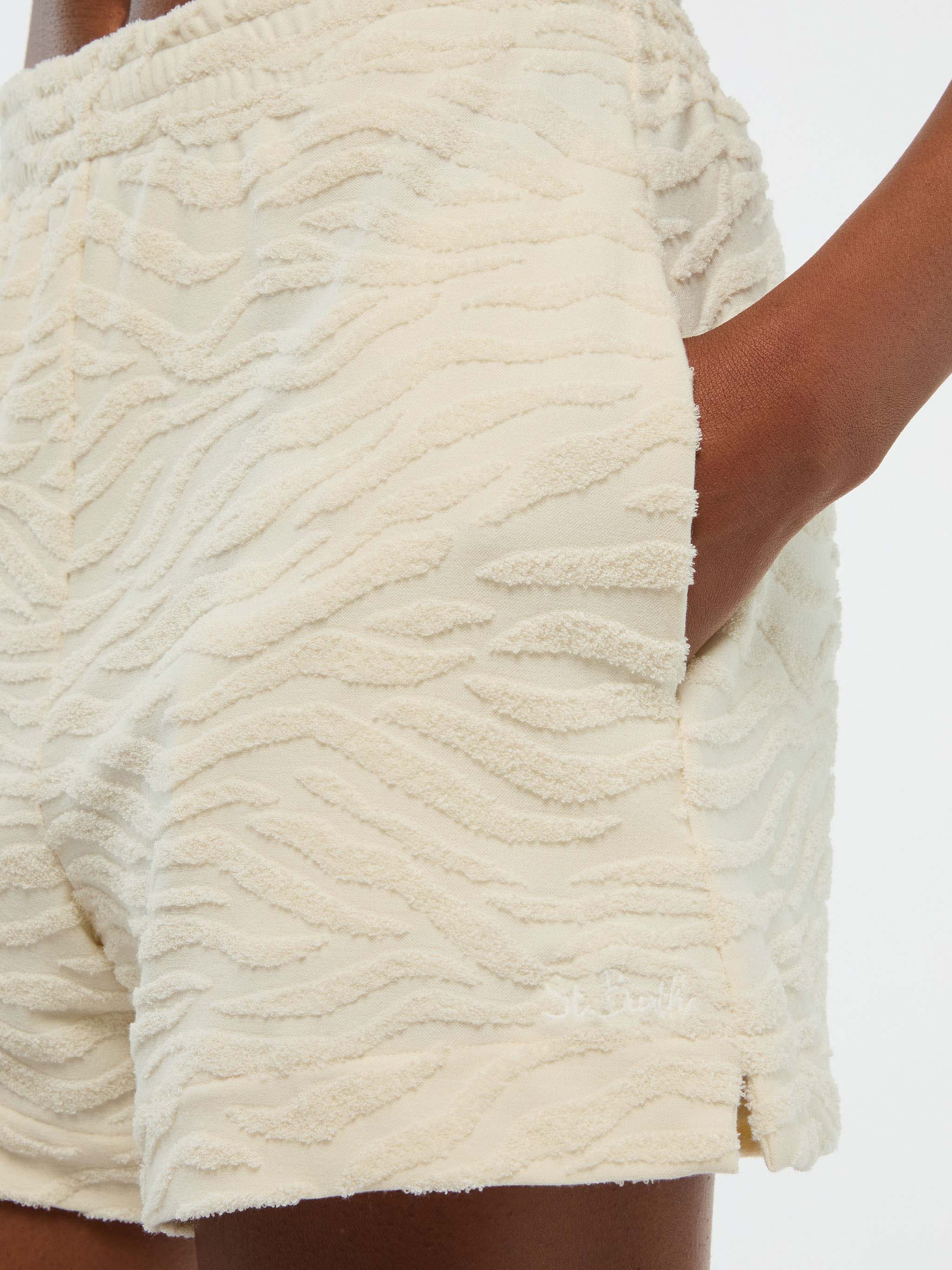 Meave Terry Cotton Pull Up Shorts With Zebra Embossed Pattern White Pant