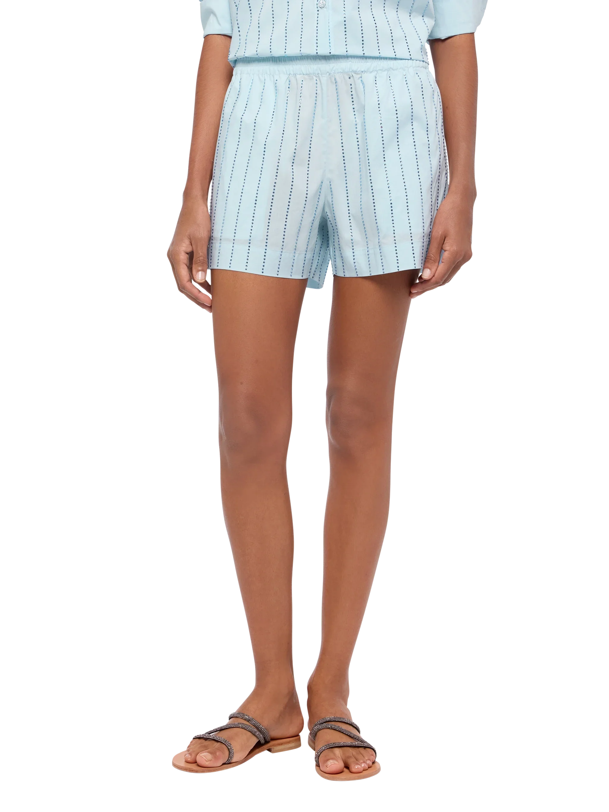 Meave Cotton Poplin Pull Up Shorts With Striped Rhinestone Embellishment Blue Pant