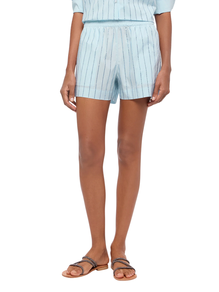 Meave Cotton Poplin Pull Up Shorts With Striped Rhinestone Embellishment Blue Pant
