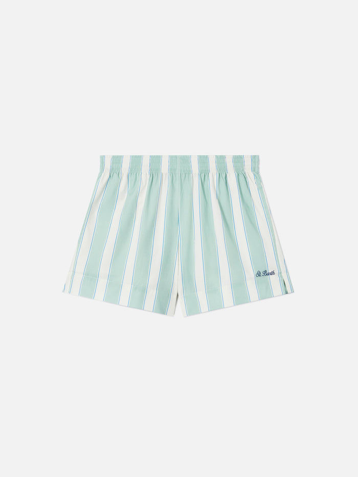 Green Striped Meave Cotton Shorts Pant