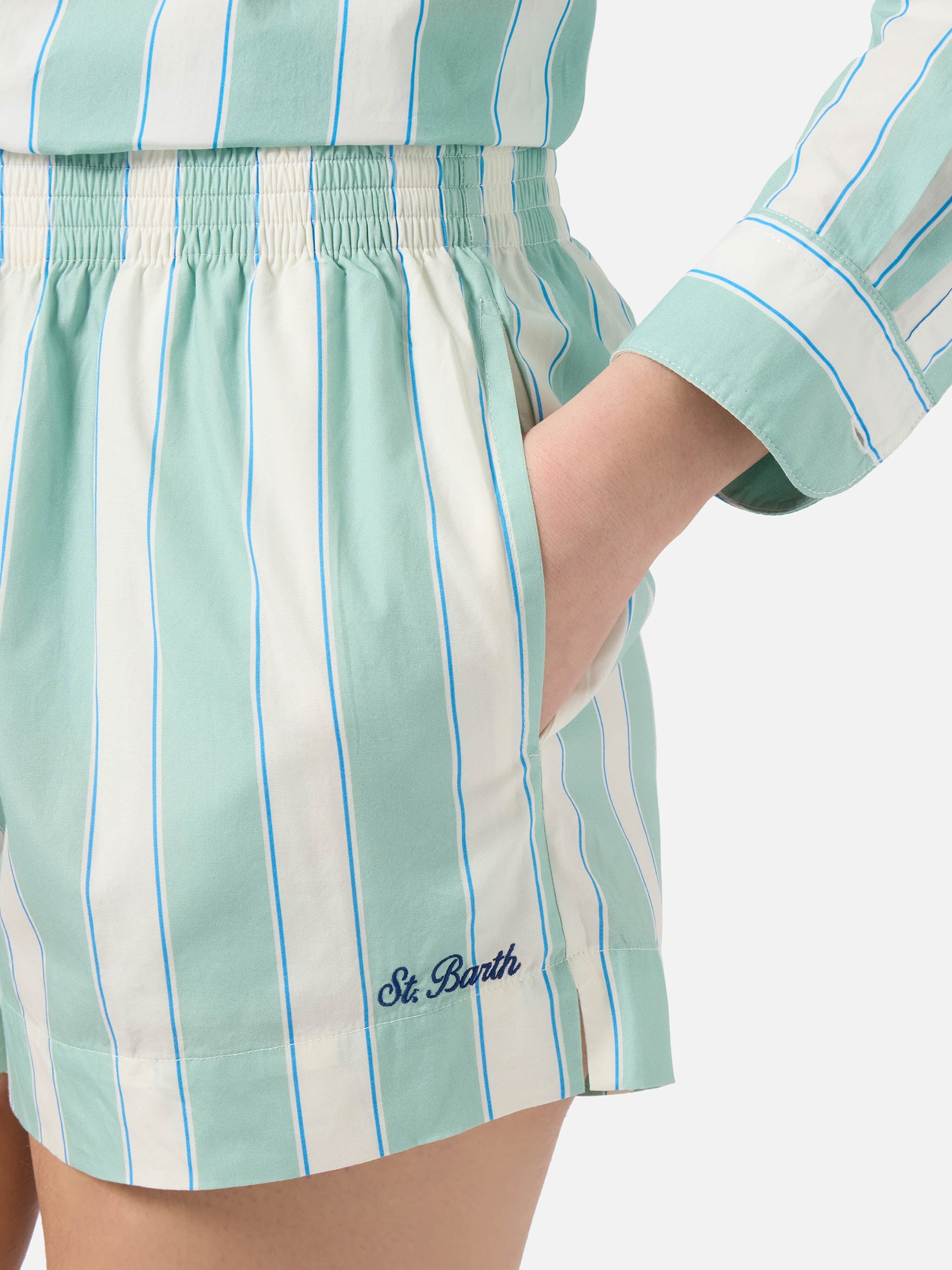 Green Striped Meave Cotton Shorts Pant