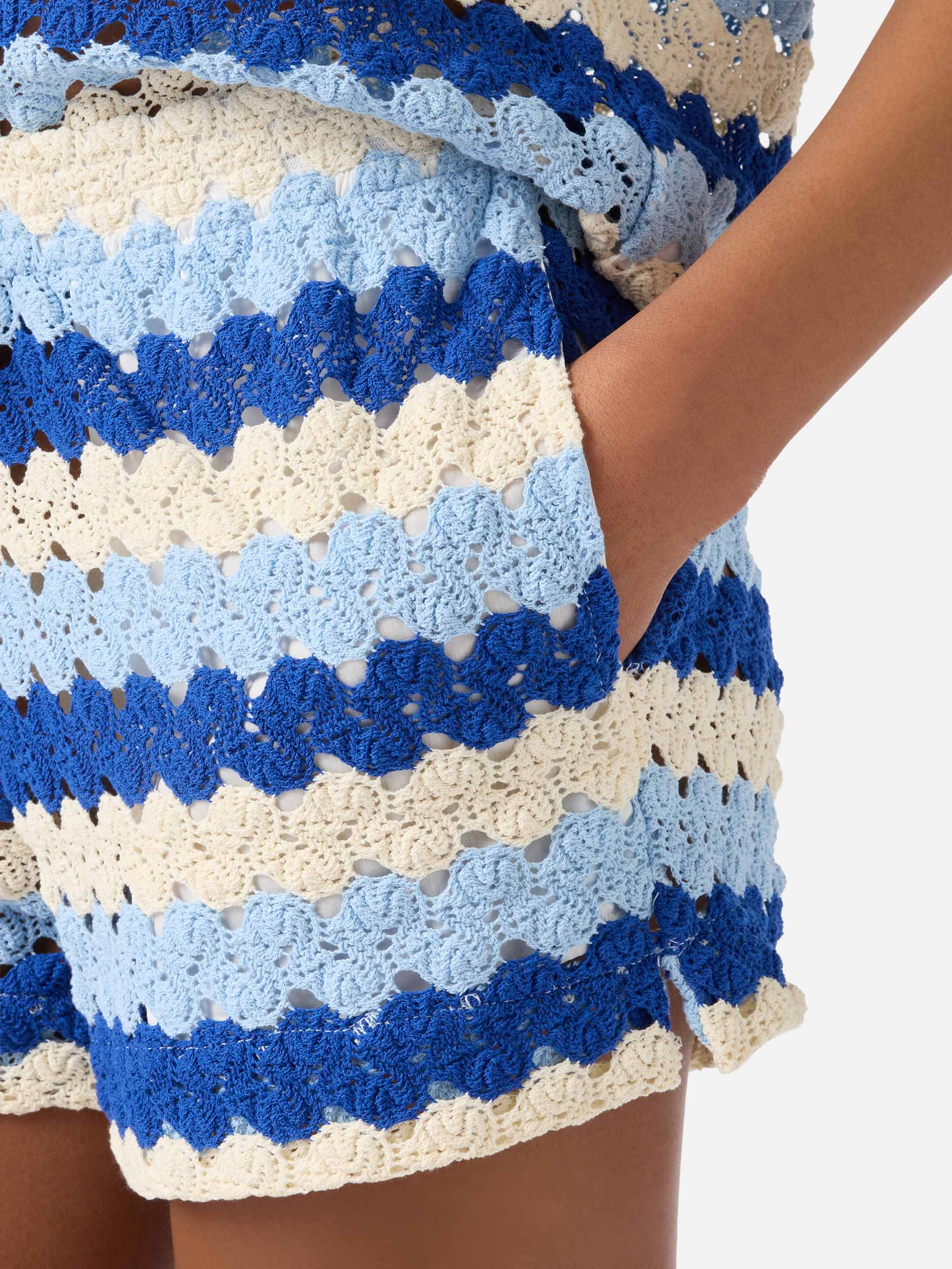 Blue Striped Meave Crochet Shorts Pant