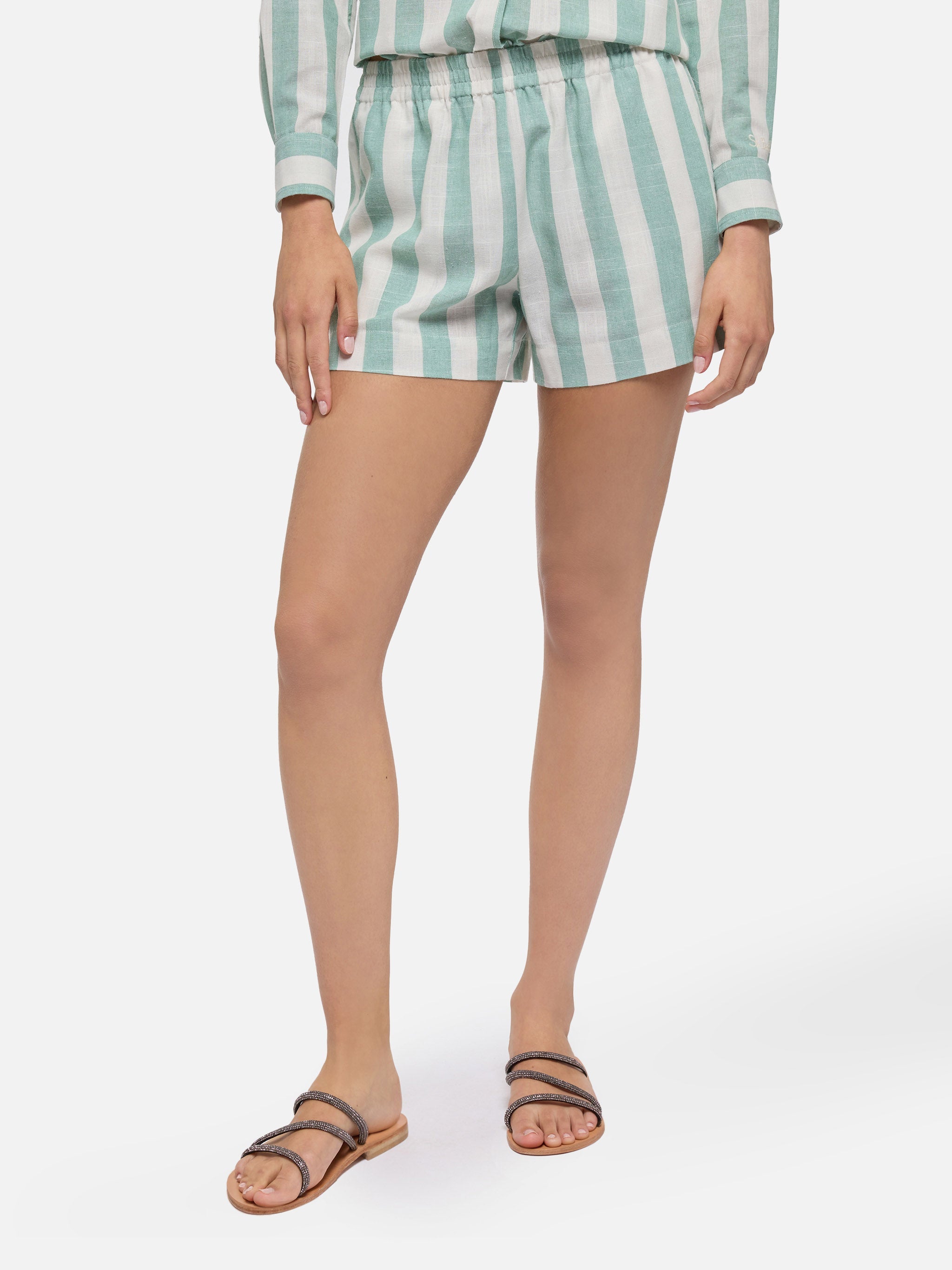 Meave Cotton Pull Up Shorts With Sage Green Striped Print Pant