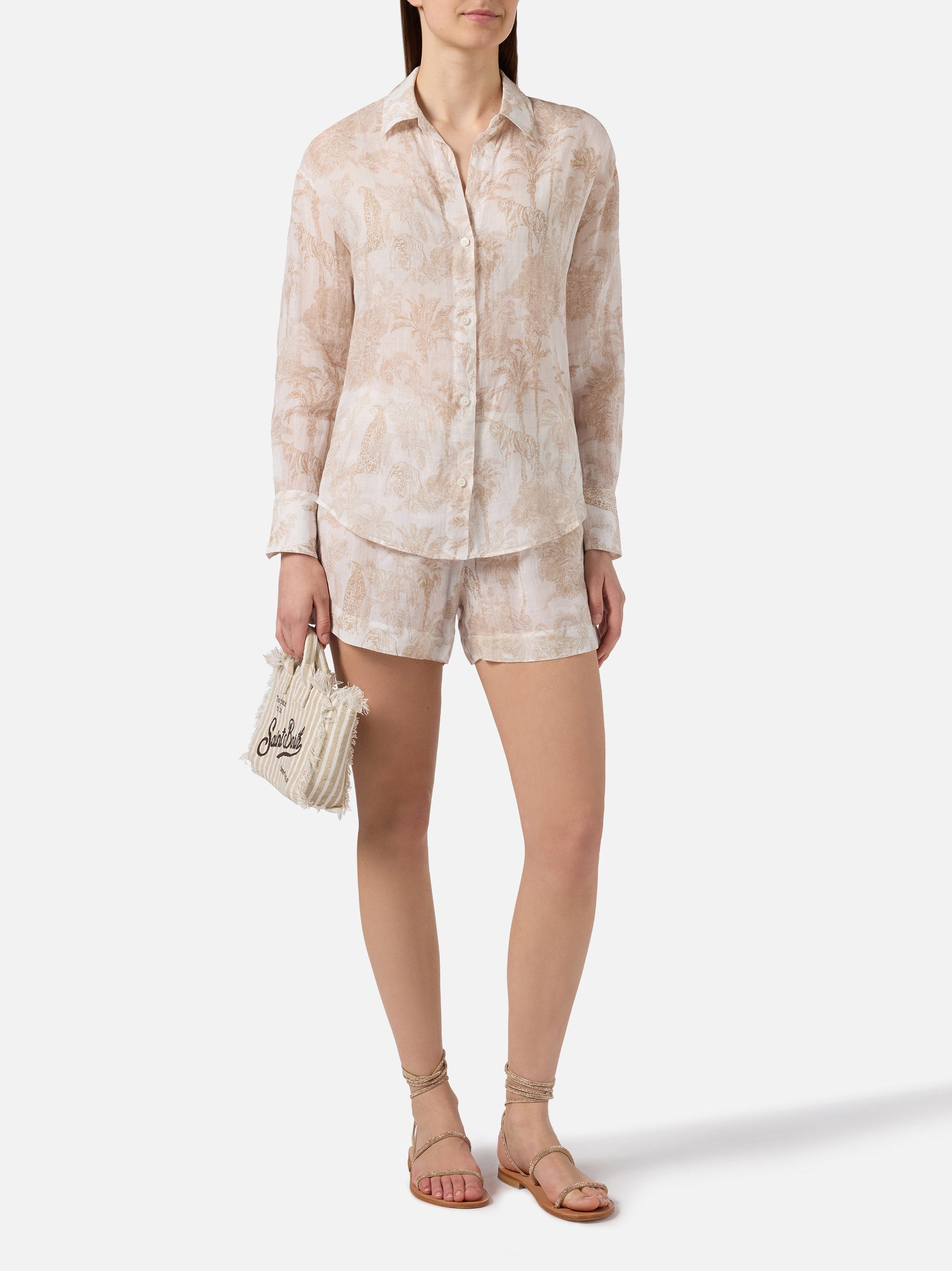Meave Ramie Shorts With Beige Toile De Jouy Print Camel Pant