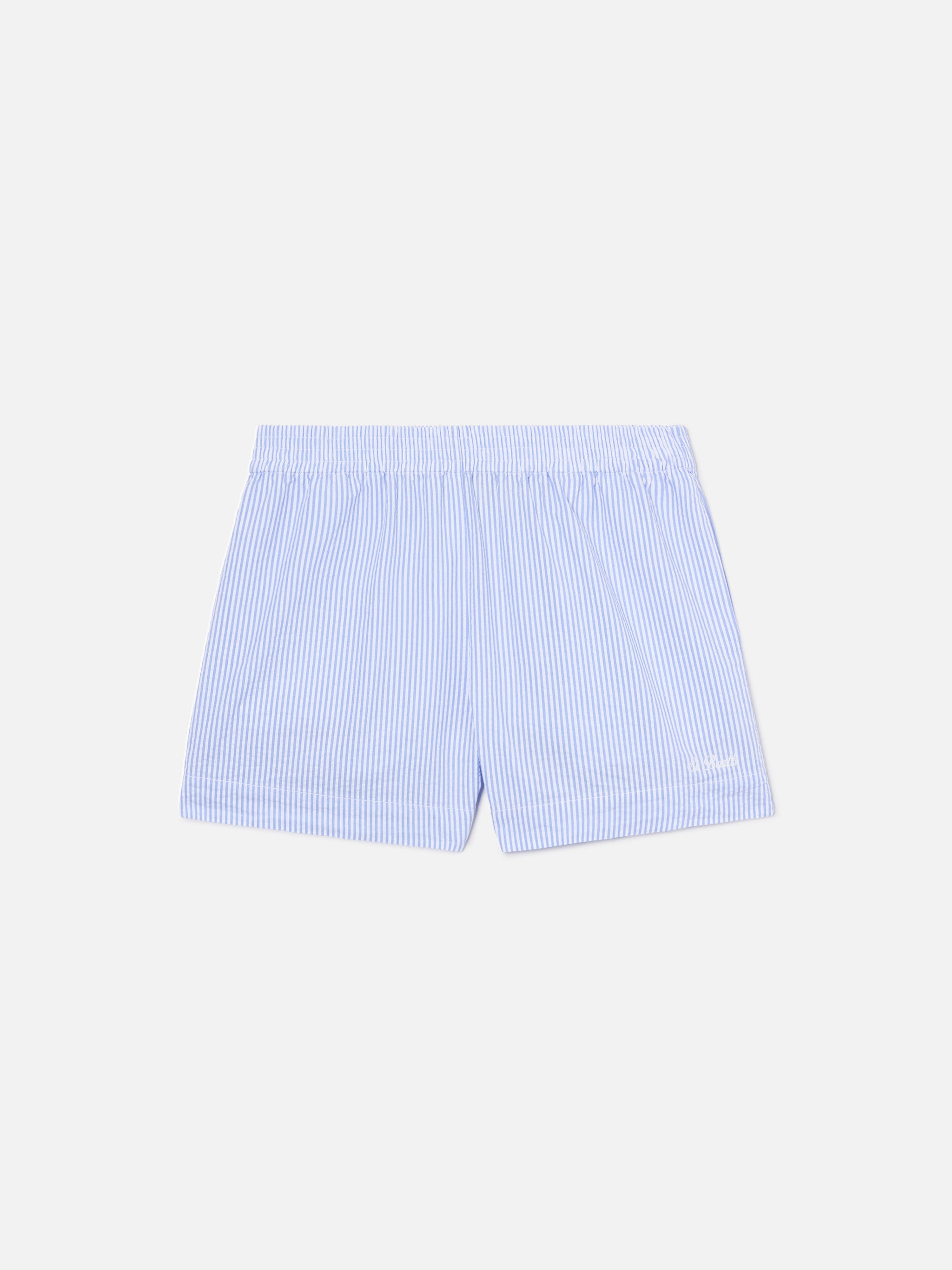 Light Blue Striped Meave Seersucker Shorts Sky Pant