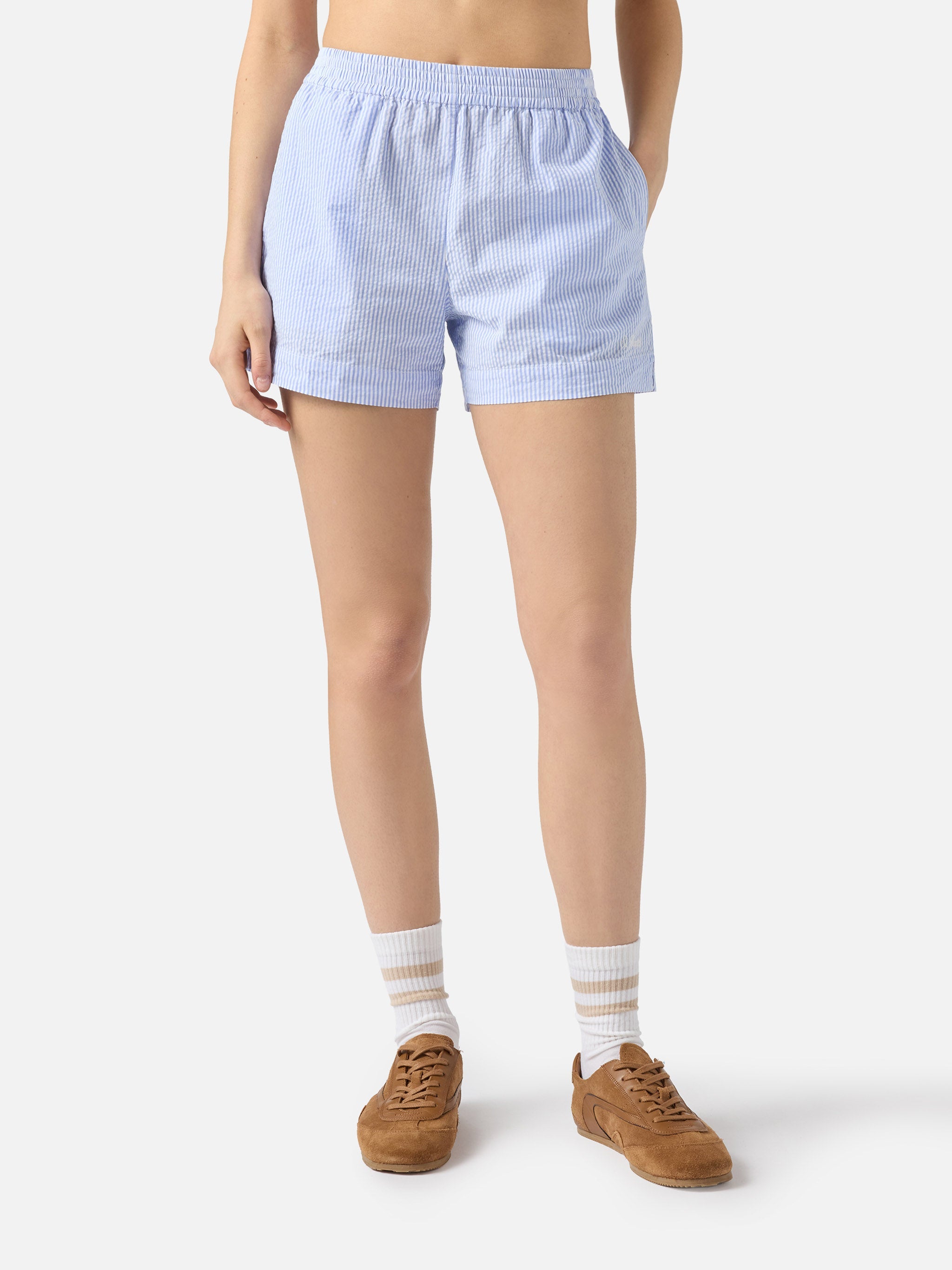 Light Blue Striped Meave Seersucker Shorts Sky Pant