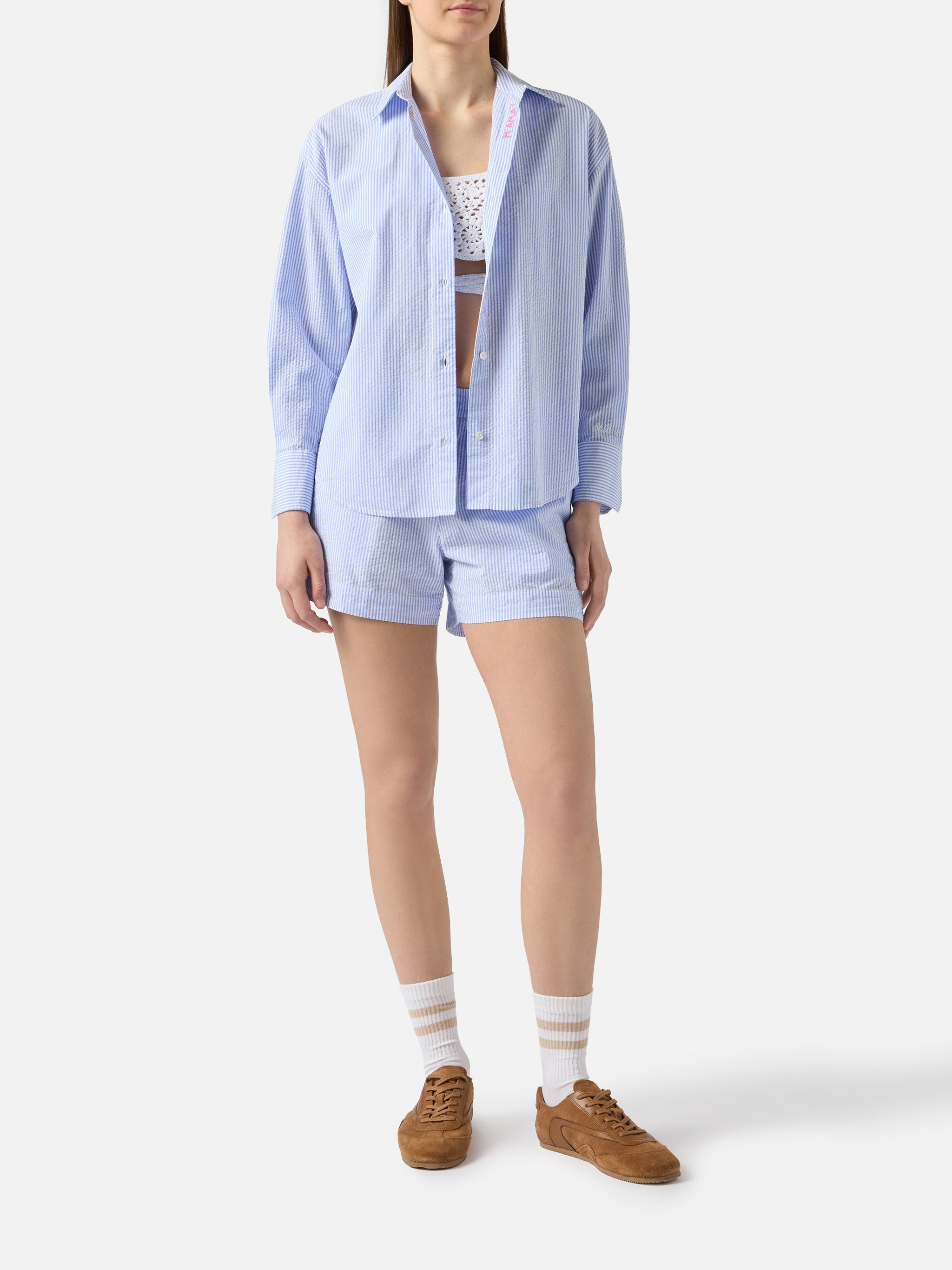Light Blue Striped Meave Seersucker Shorts Sky Pant