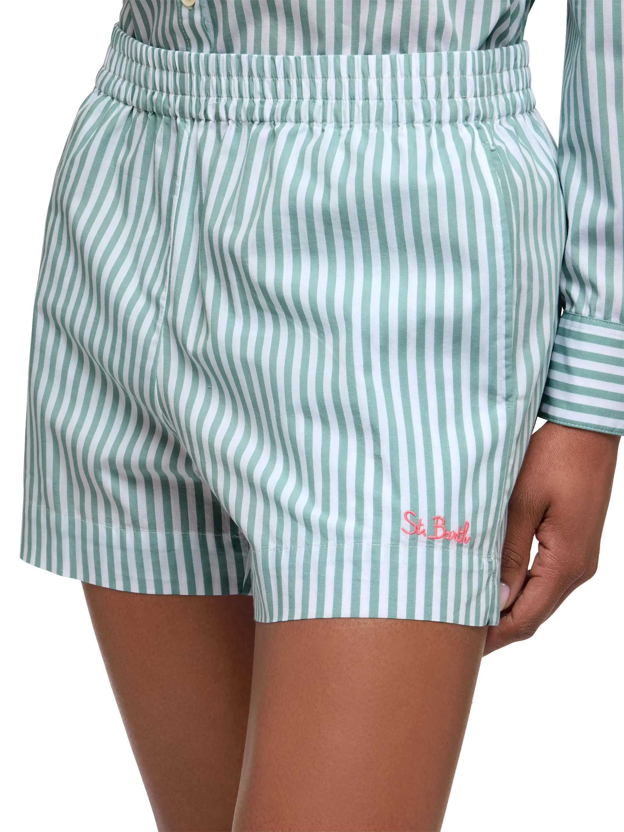 Meave Cotton Poplin Pull Up Shorts With Striped Print Green Pant