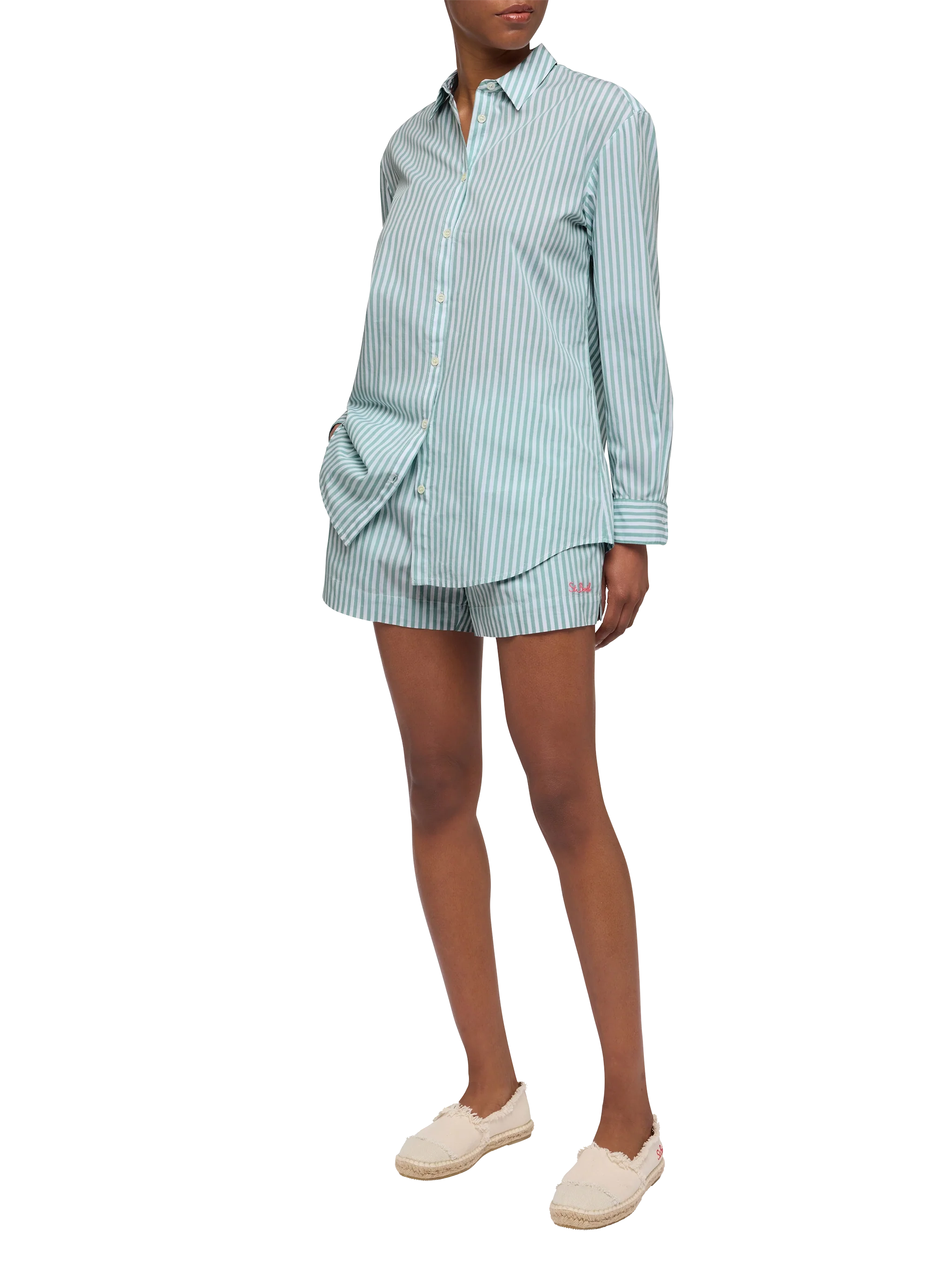 Meave Cotton Poplin Pull Up Shorts With Striped Print Green Pant