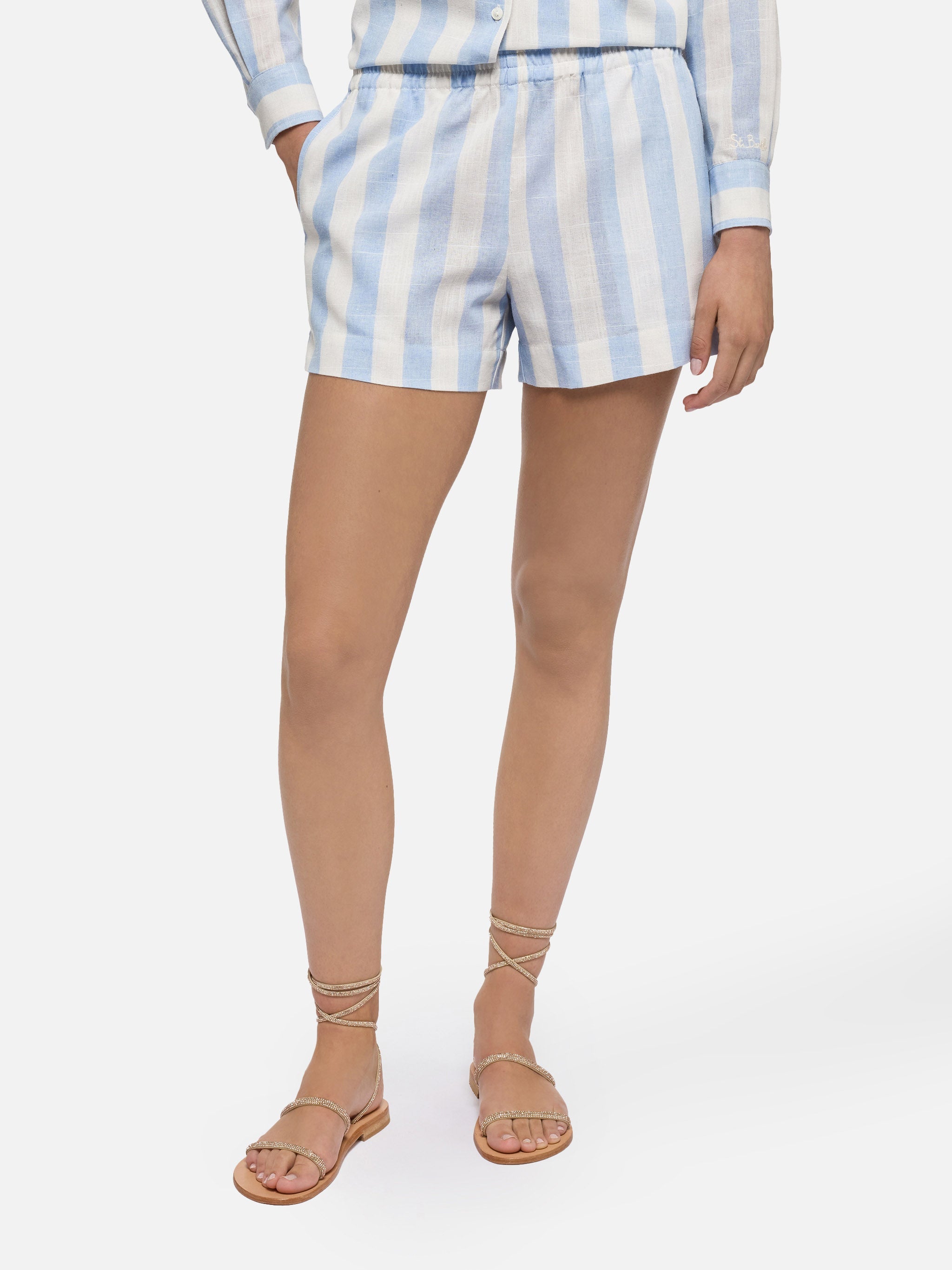 Meave Cotton Pull Up Shorts With Light Blue Striped Print Pant