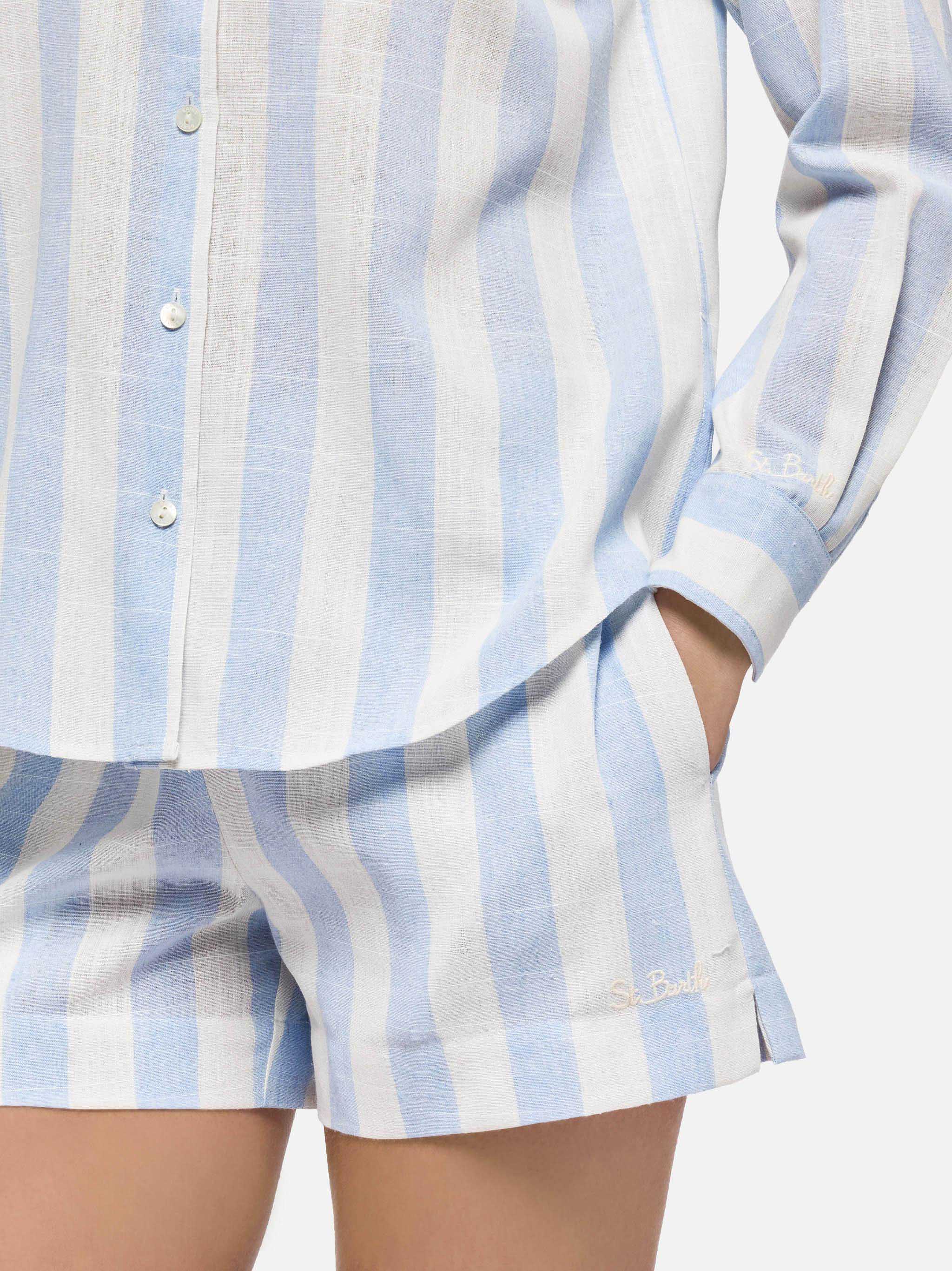Meave Cotton Pull Up Shorts With Light Blue Striped Print Pant