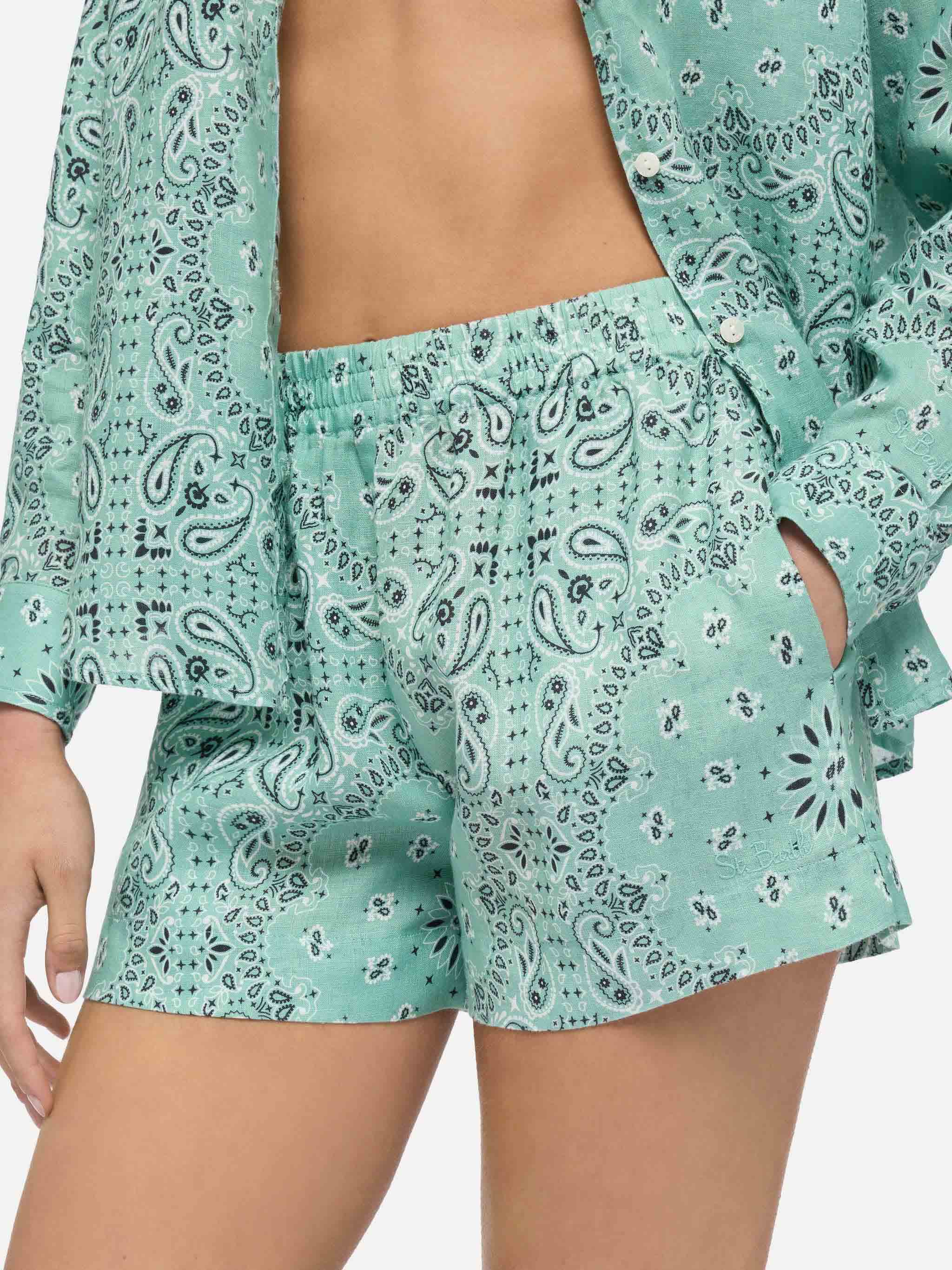 Meave Linen Pull Up Shorts With Bandana Print Green Pant