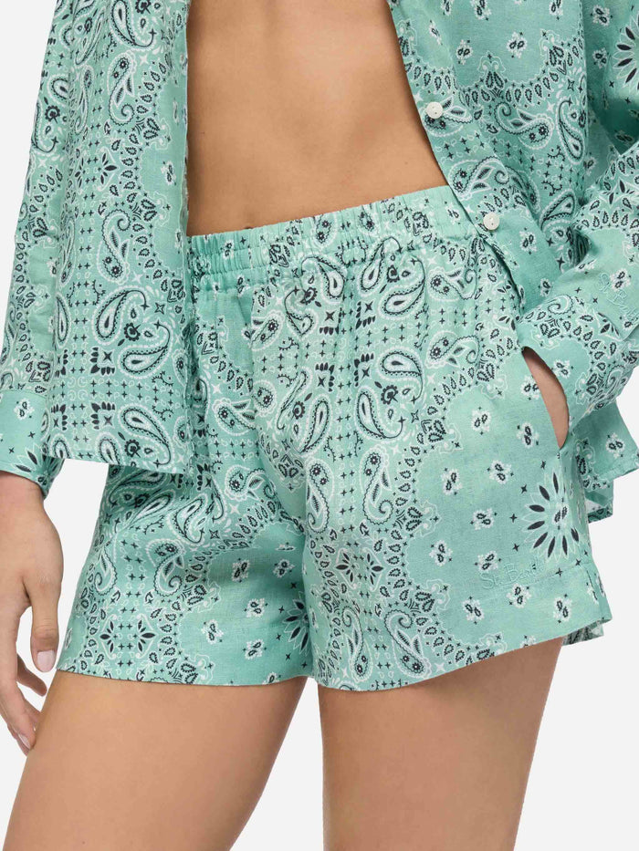 Meave Linen Pull Up Shorts With Bandana Print Green Pant