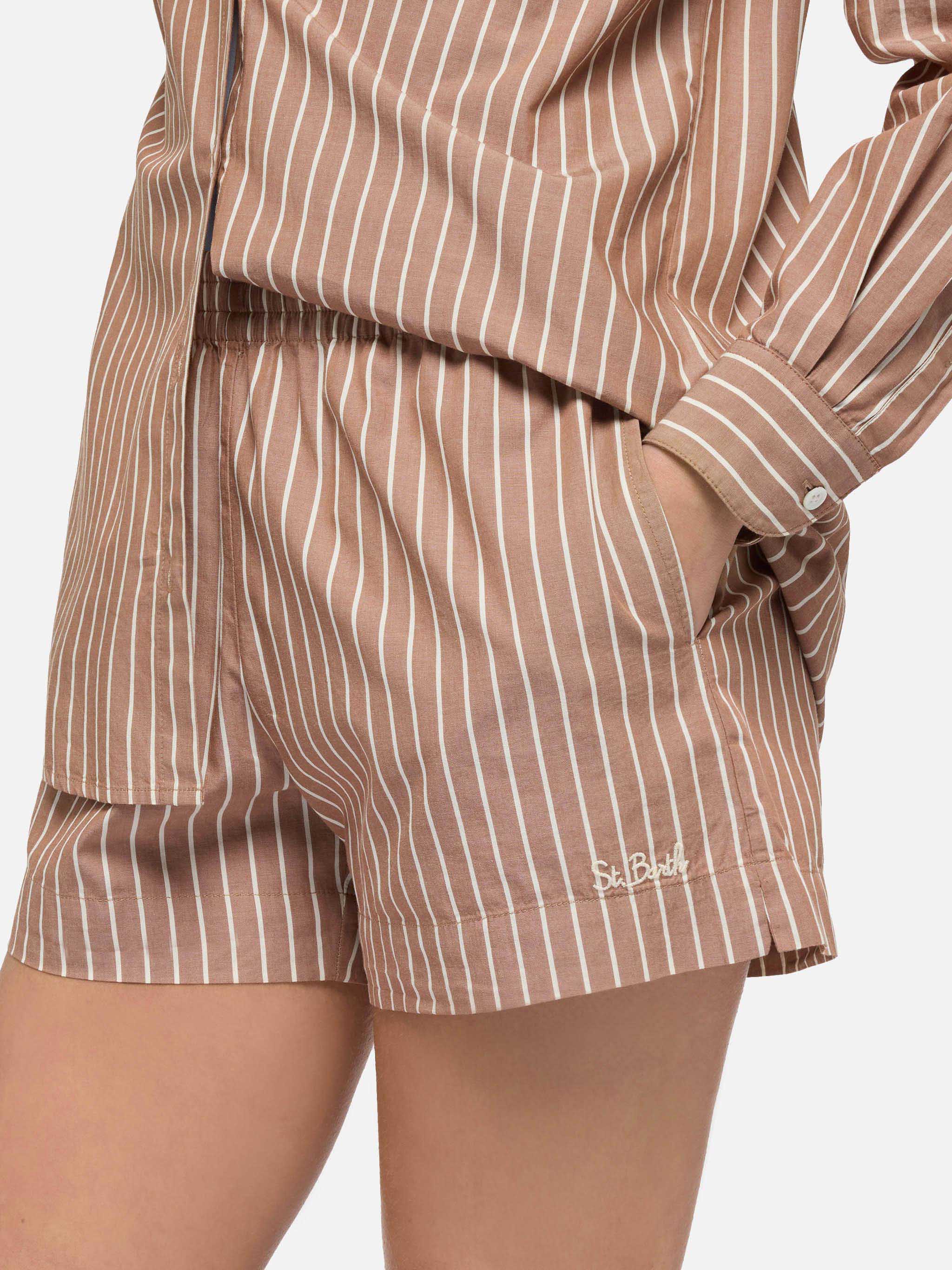 Meave Cotton Poplin Pull Up Shorts With Striped Print Brown Pant