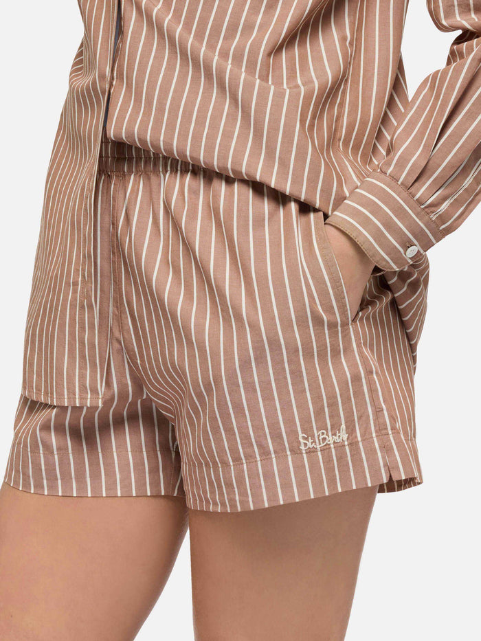 Meave Cotton Poplin Pull Up Shorts With Striped Print Brown Pant
