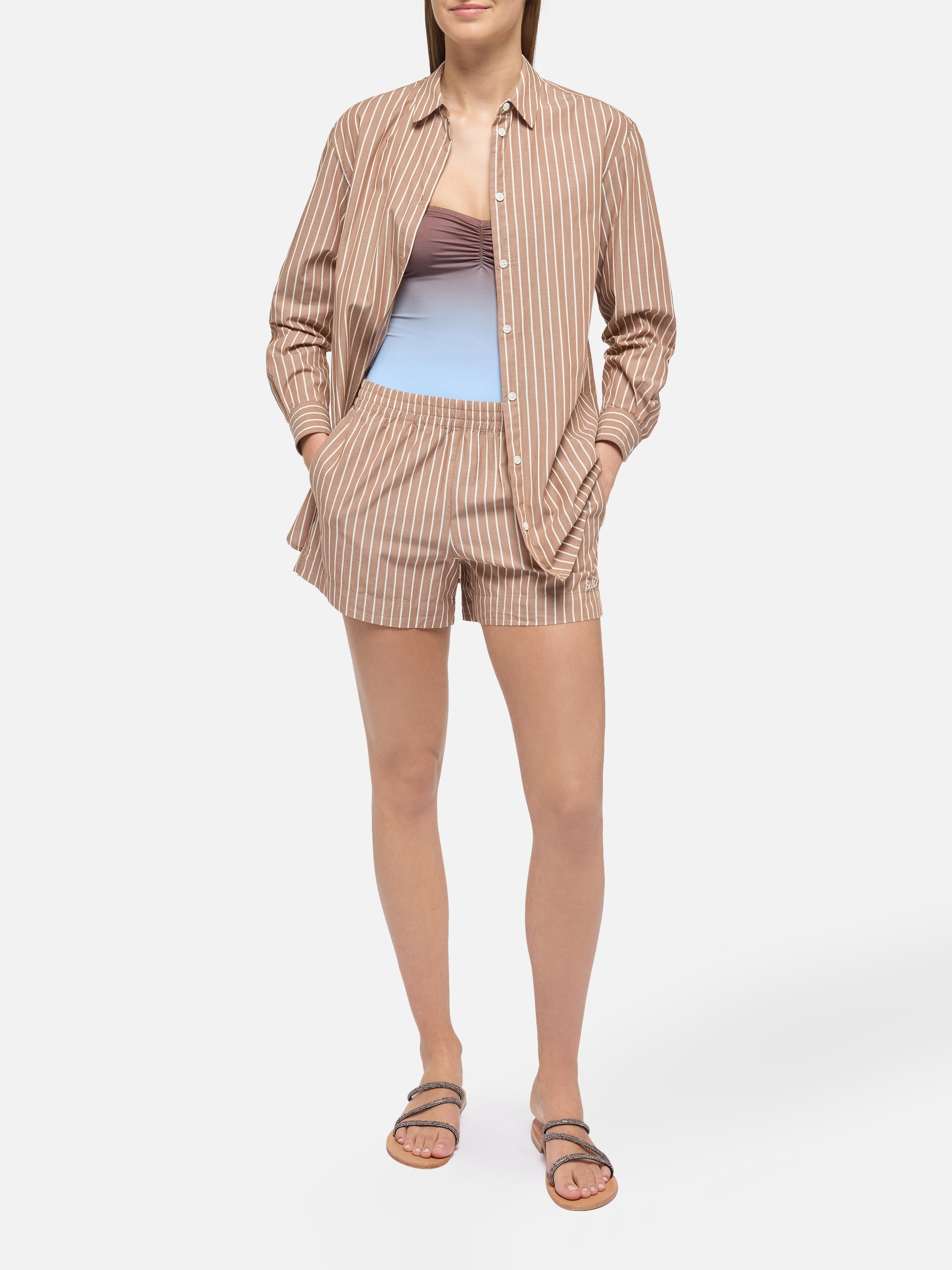 Meave Cotton Poplin Pull Up Shorts With Striped Print Brown Pant