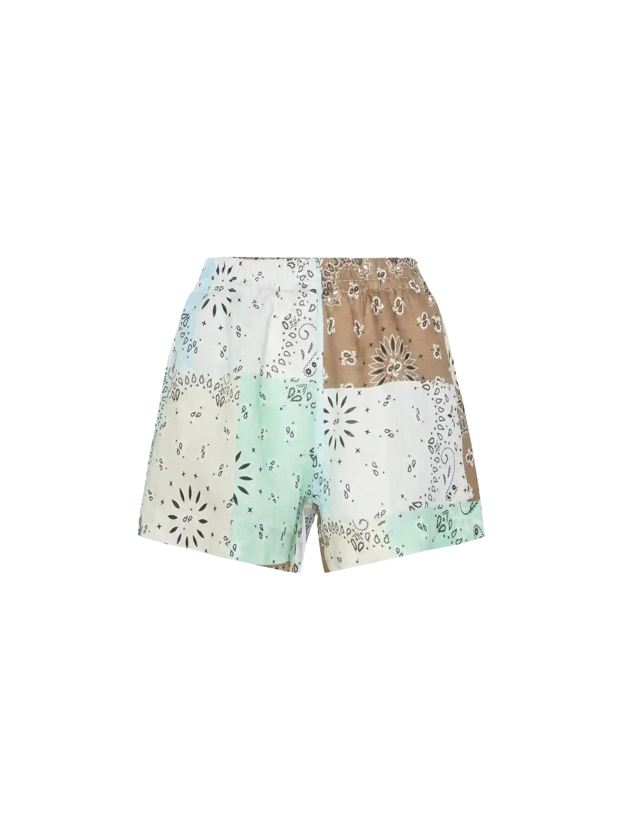 Meave Linen Pull Up Shorts With Bandana Patch Print Brown Pant