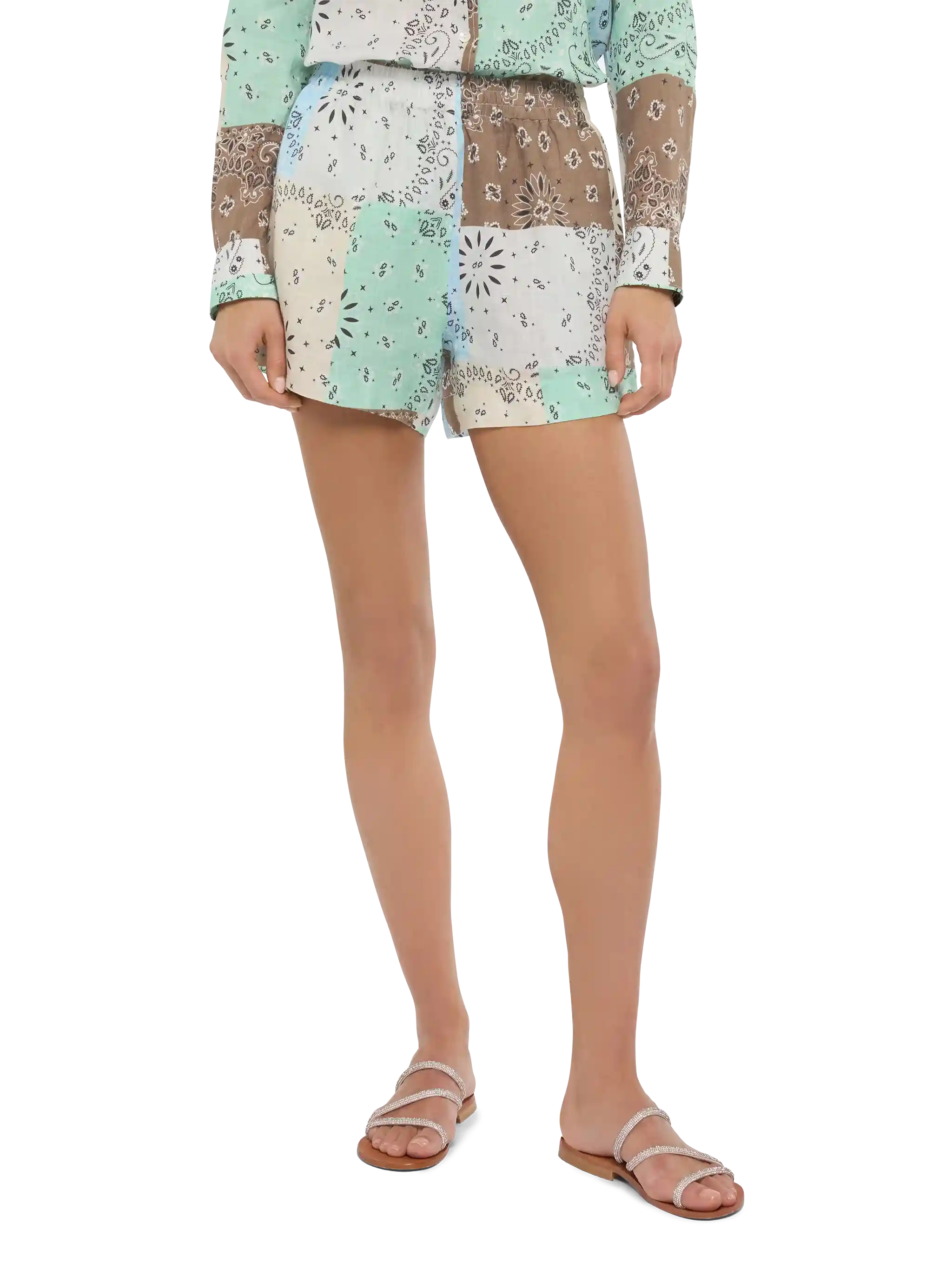 Meave Linen Pull Up Shorts With Bandana Patch Print Brown Pant