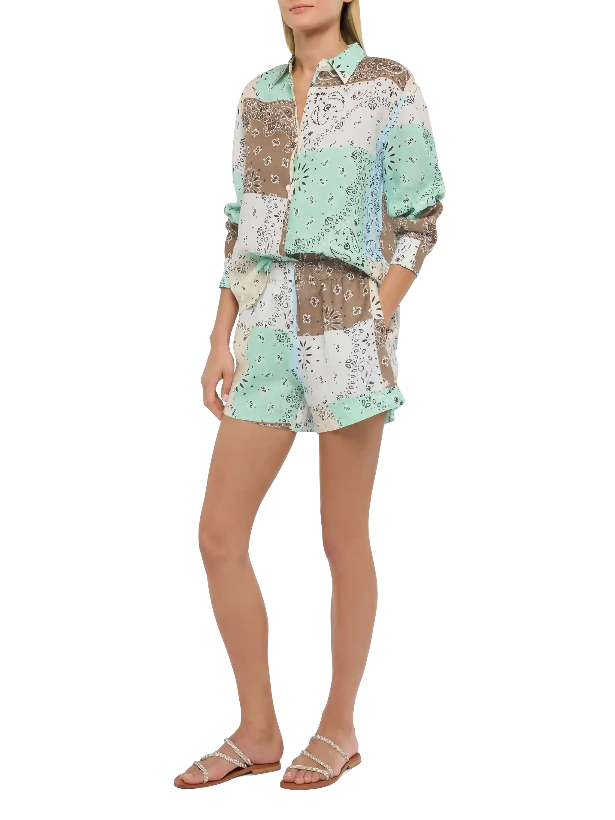 Meave Linen Pull Up Shorts With Bandana Patch Print Brown Pant