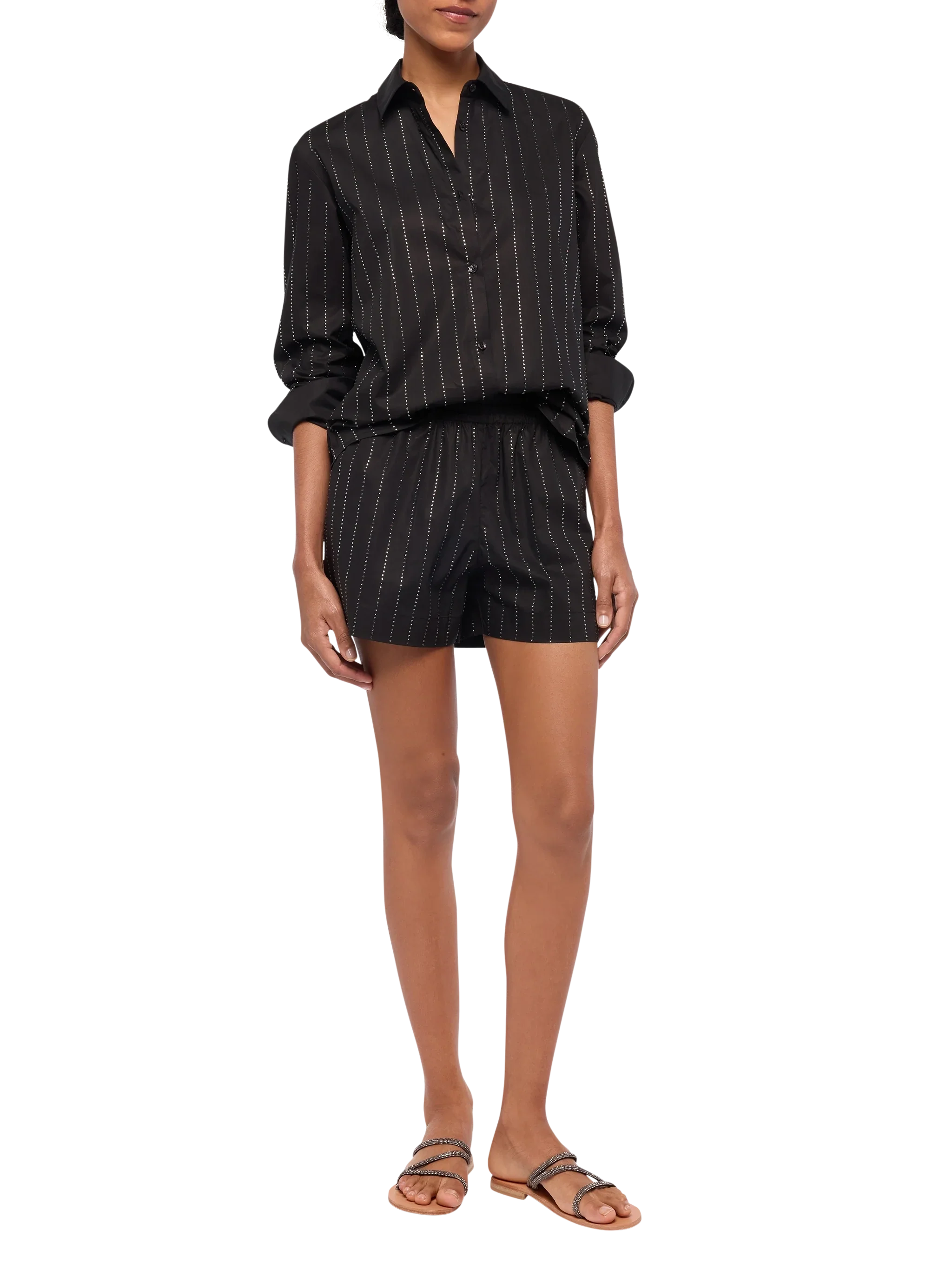 Meave Cotton Poplin Pull Up Shorts With Striped Rhinestone Embellishment Black Pant