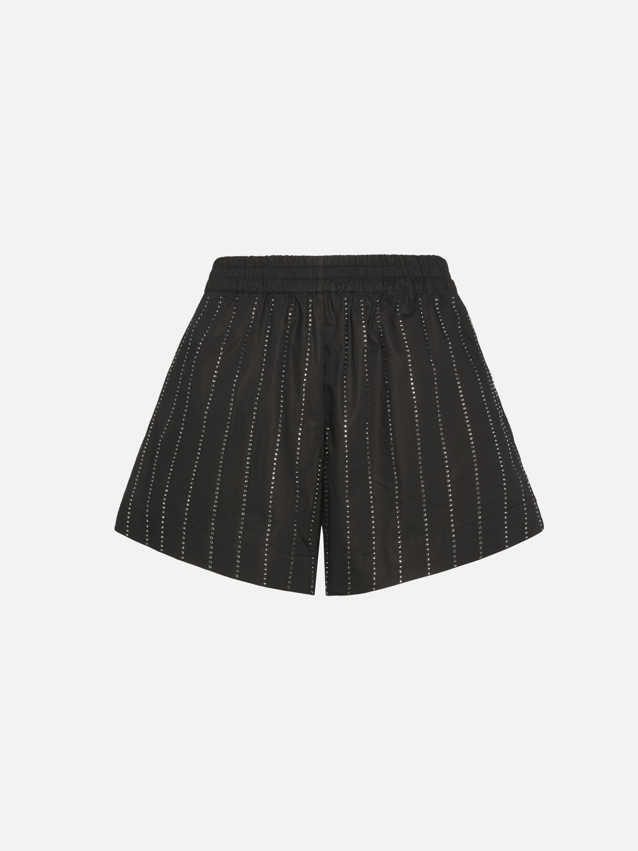 Meave Cotton Poplin Pull Up Shorts With Striped Rhinestone Embellishment Black Pant